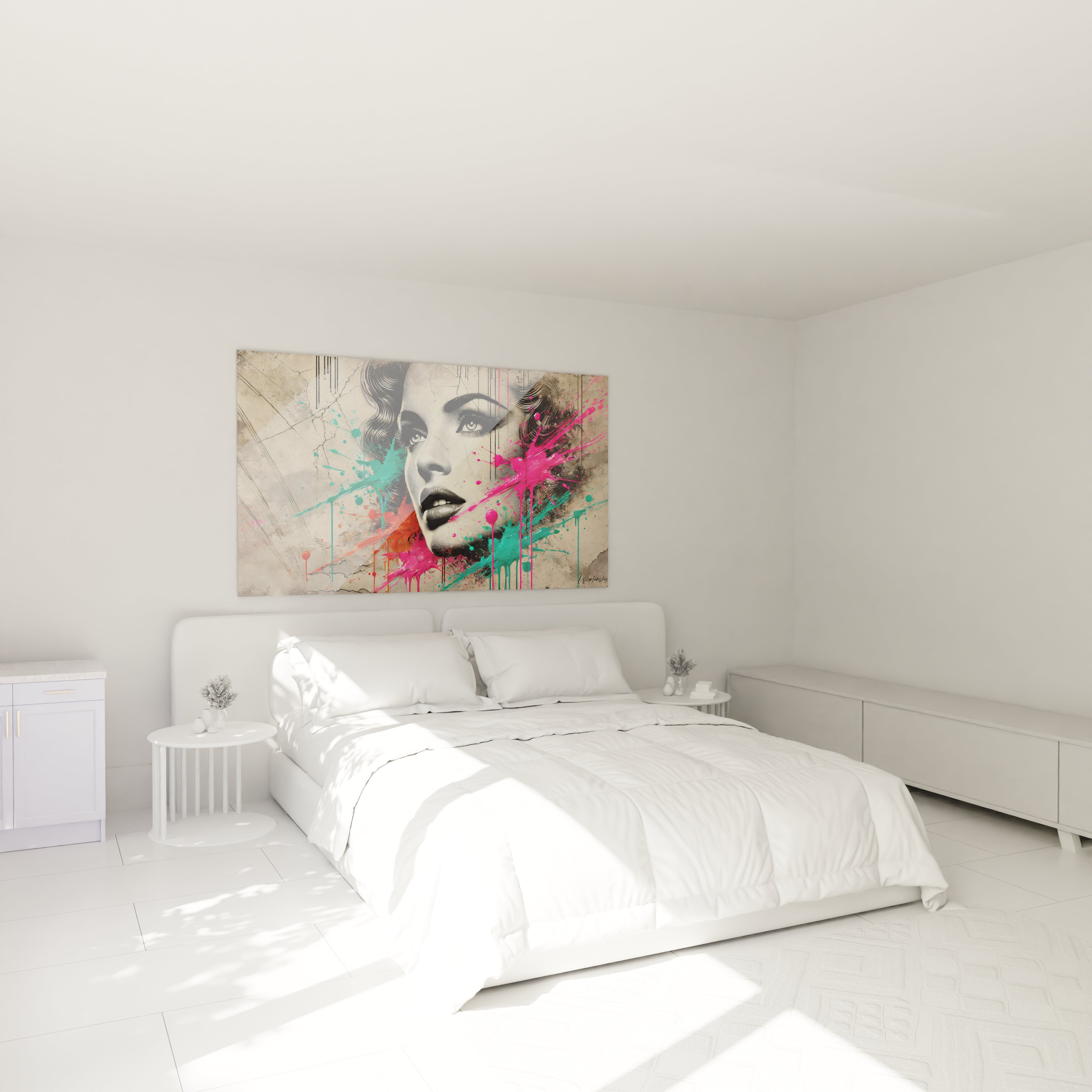 Ce tableau graffiti au-dessus du lit apporte une ambiance audacieuse et urbaine, mêlant douceur du portrait et éclat des couleurs vives. Parfait pour une chambre moderne.

