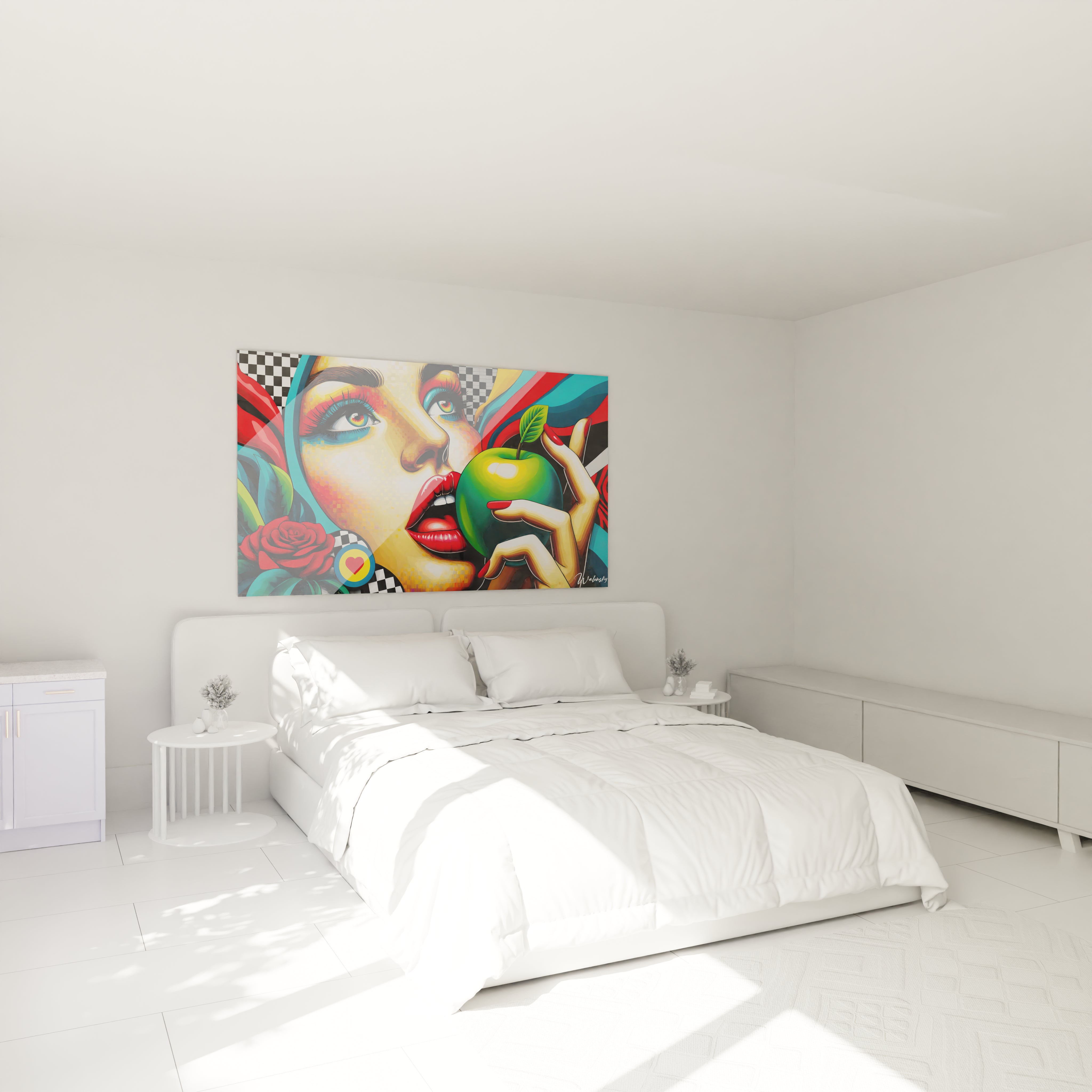 Sublimez votre chambre avec le tableau Mosaique au-dessus du lit, une ode a la tentation moderne et a la provocation artistique pour une ambiance unique et captivante.

