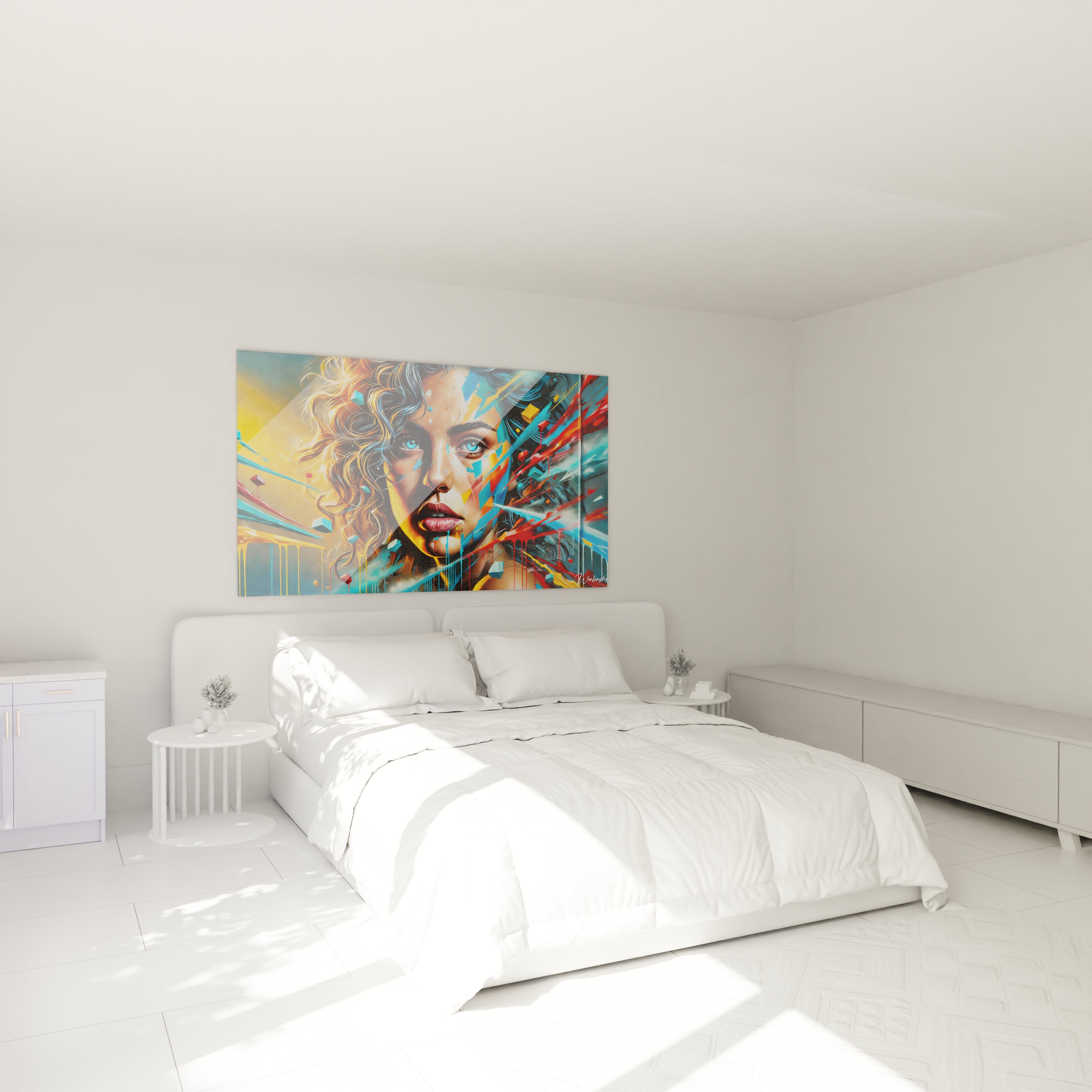 Ce tableau graffiti illumine la chambre au-dessus du lit avec son énergie street art et ses couleurs vibrantes, créant un espace unique.

