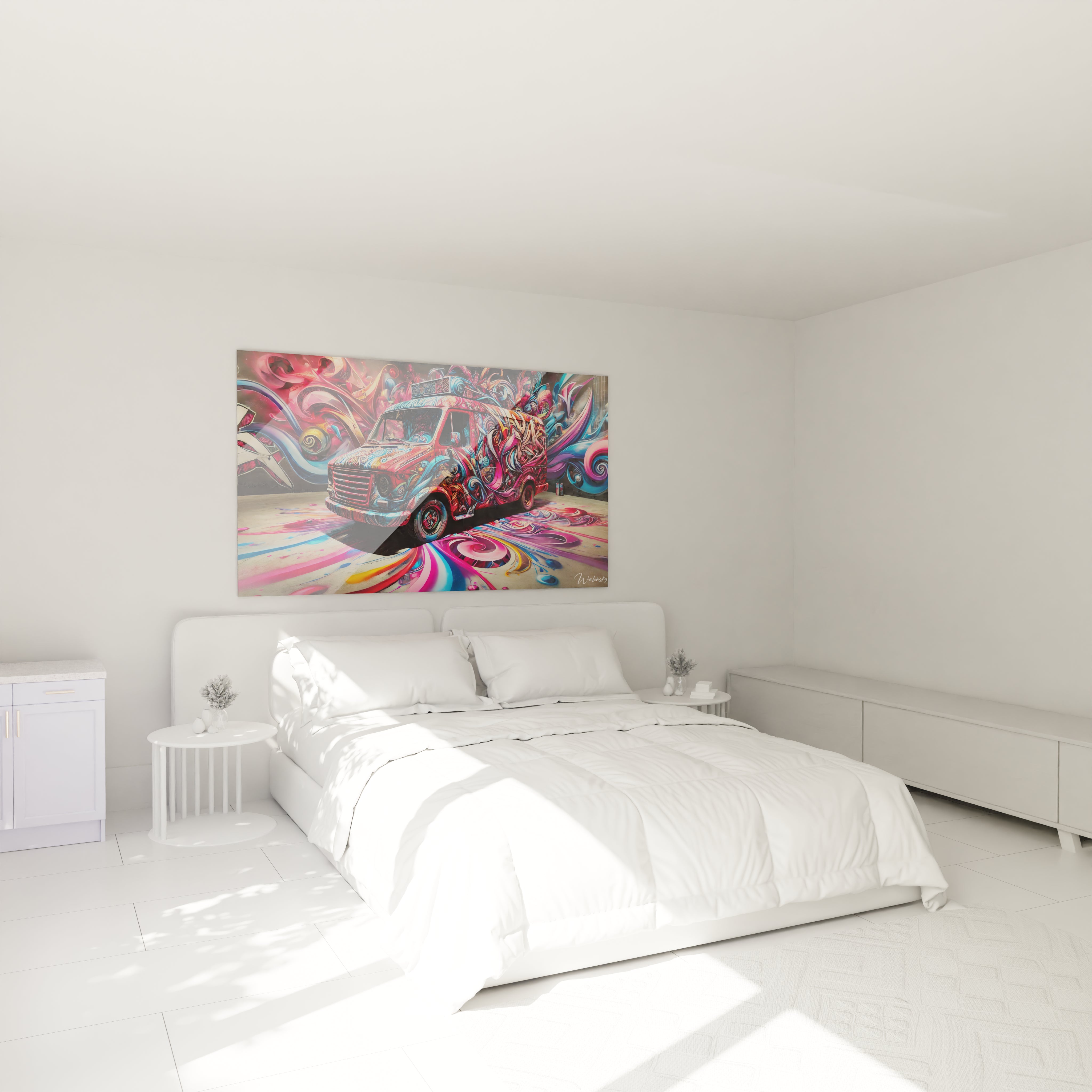 Accroche au-dessus du lit, ce tableau graffiti transforme votre chambre en un espace vibrant et moderne, ajoutant une touche urbaine unique grace a ses teintes intenses et ses courbes audacieuses.

