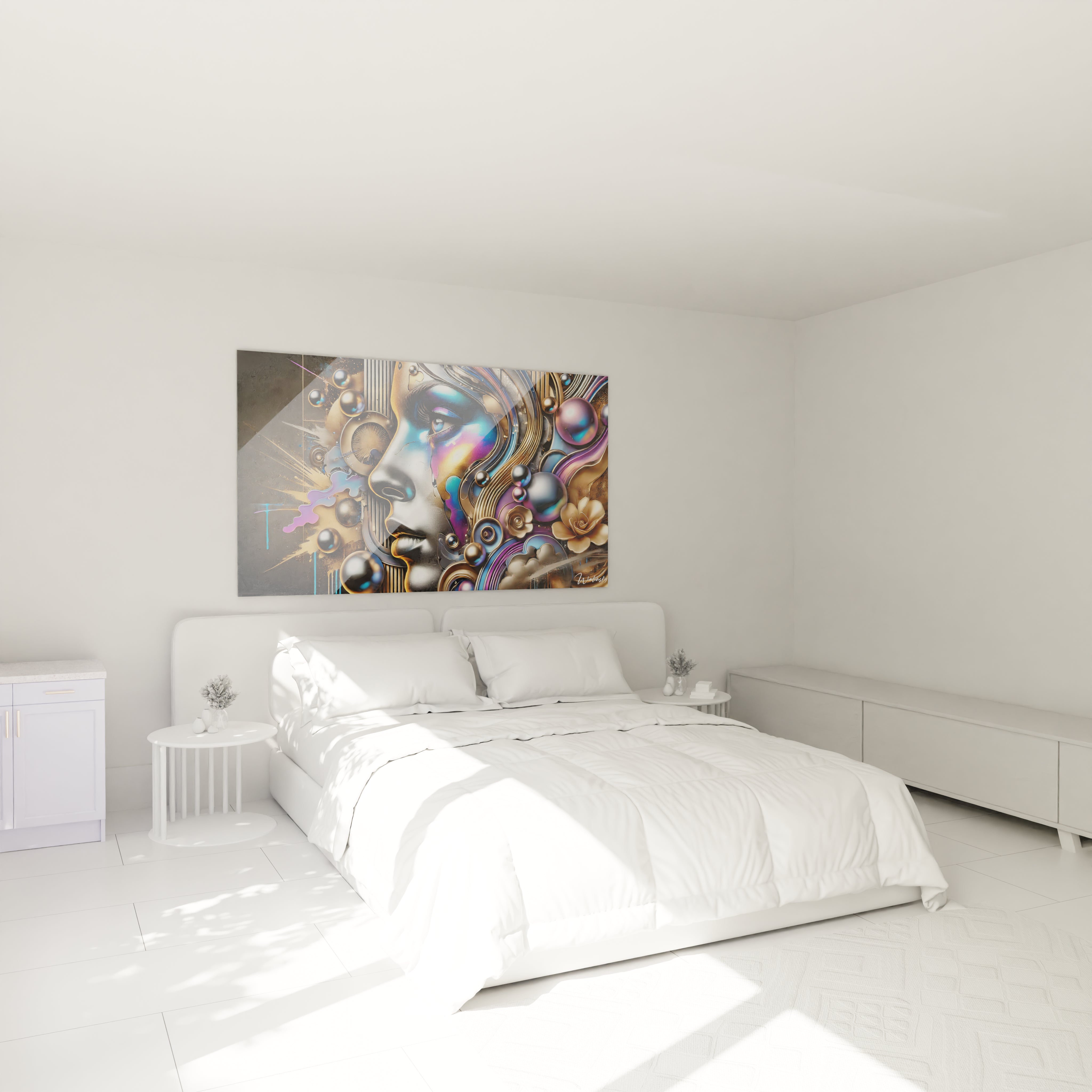 Accroché au-dessus d'un lit, ce tableau graffiti apporte mystère et modernité. Parfait pour une chambre, il mêle harmonieusement douceur et force visuelle.

