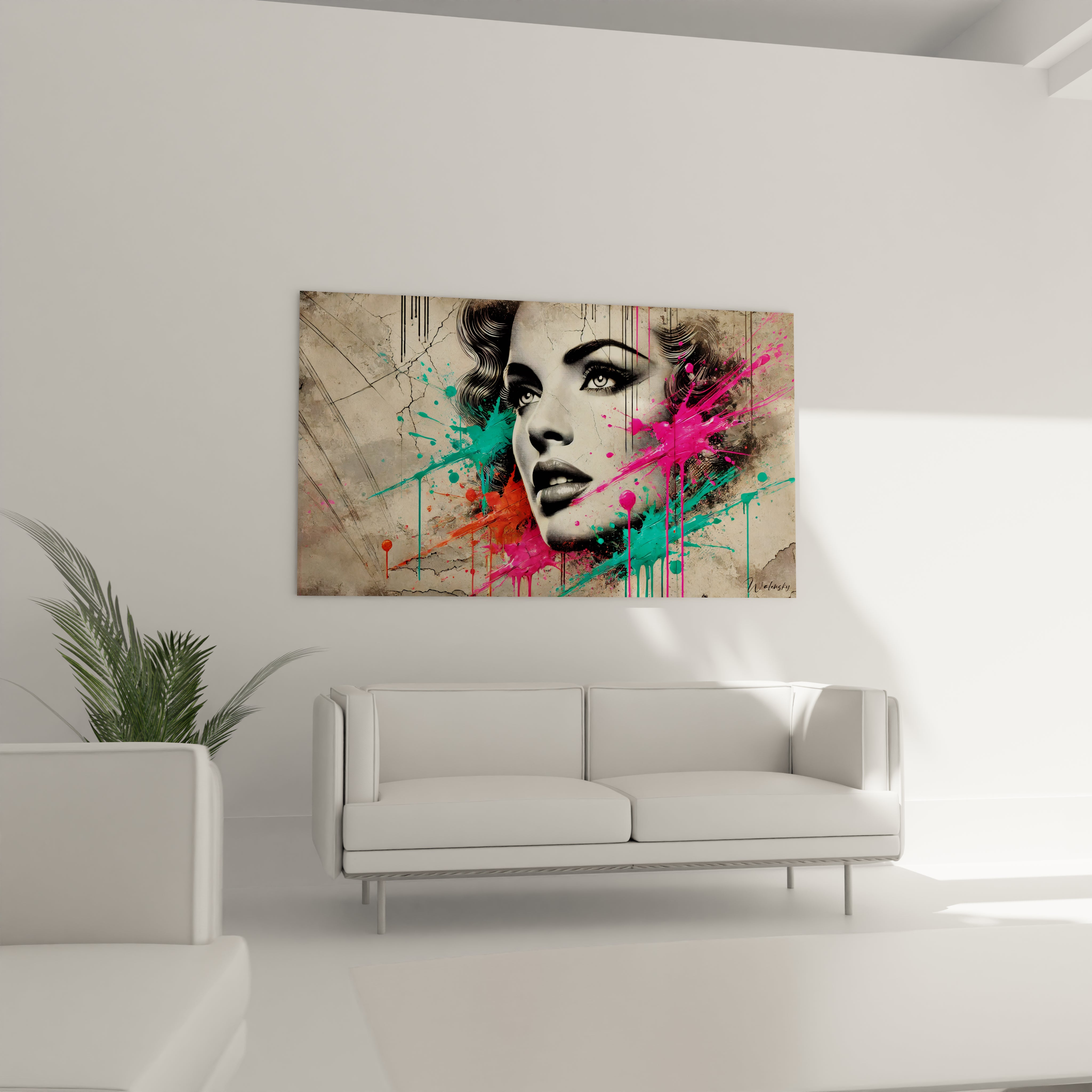 Installe dans un salon, ce tableau graffiti rehausse l'espace avec ses nuances de rose et turquoise. Une touche artistique qui attire les regards.

