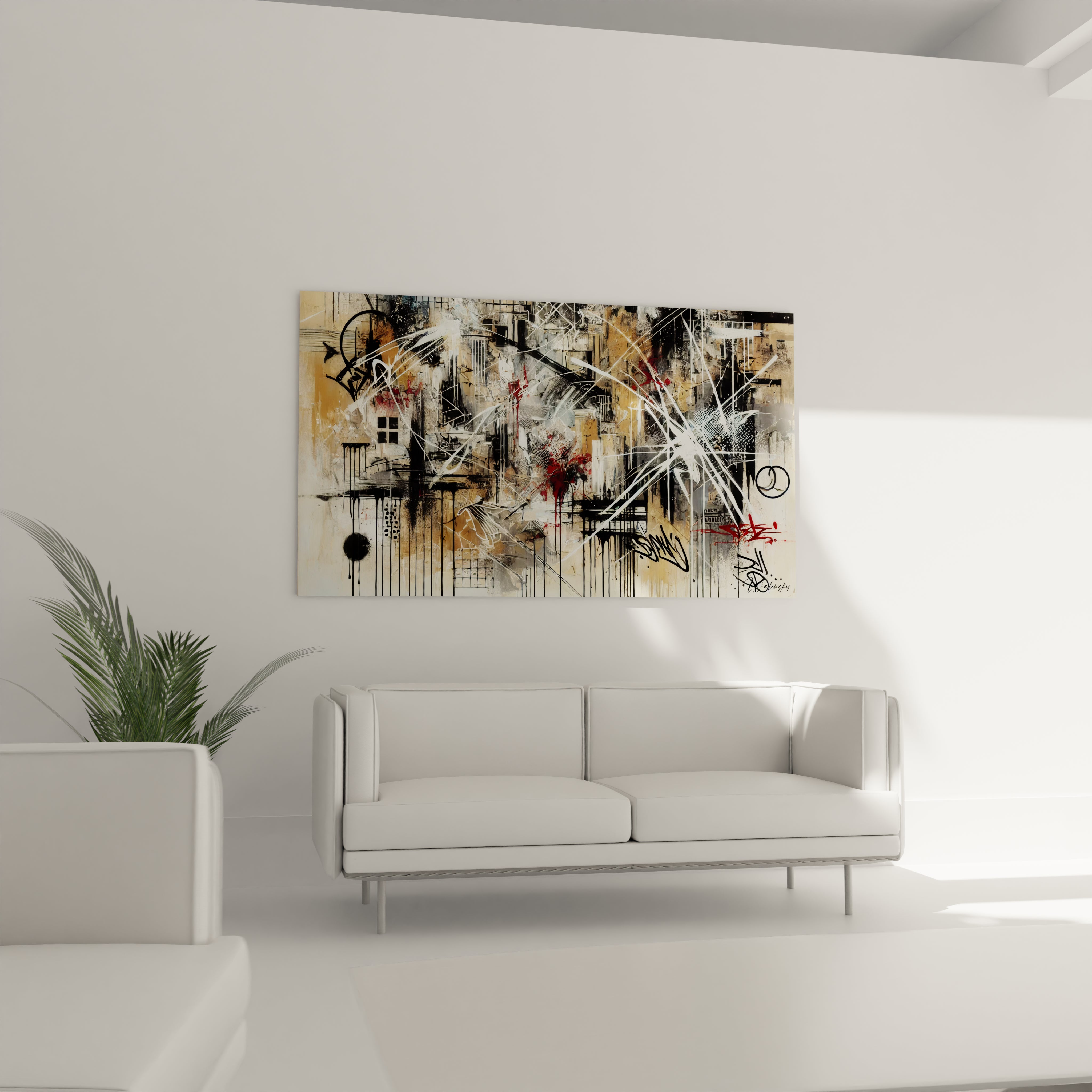 Ce tableau graffiti, accroche au-dessus de votre canape, offre une profondeur visuelle et une energie creative, ideal pour un salon au style industriel ou moderne.

