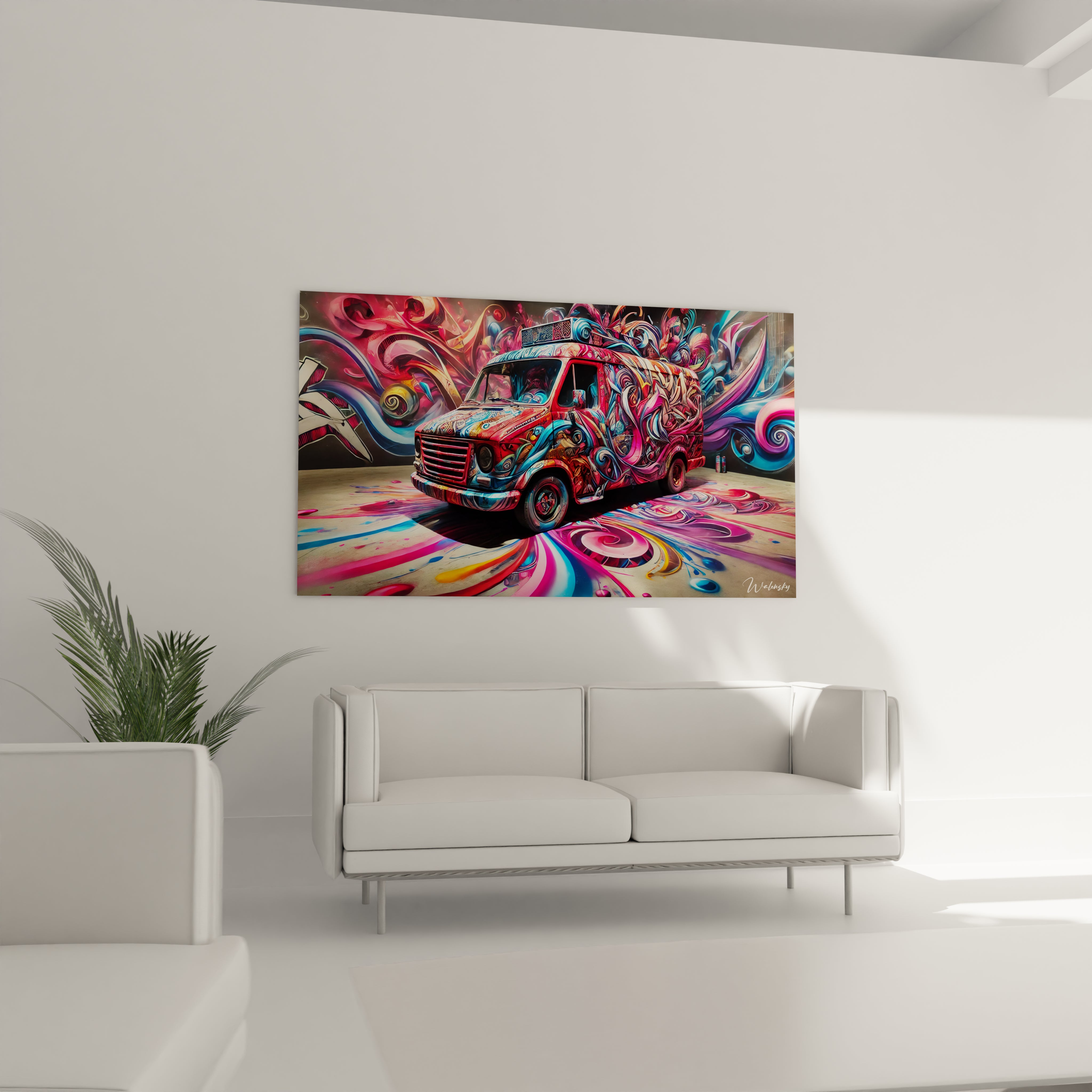 Dans le salon, ce tableau graffiti, place au-dessus du canape, devient le point focal de la piece avec ses couleurs vivantes et son style street art, creant une ambiance pleine de vie.

