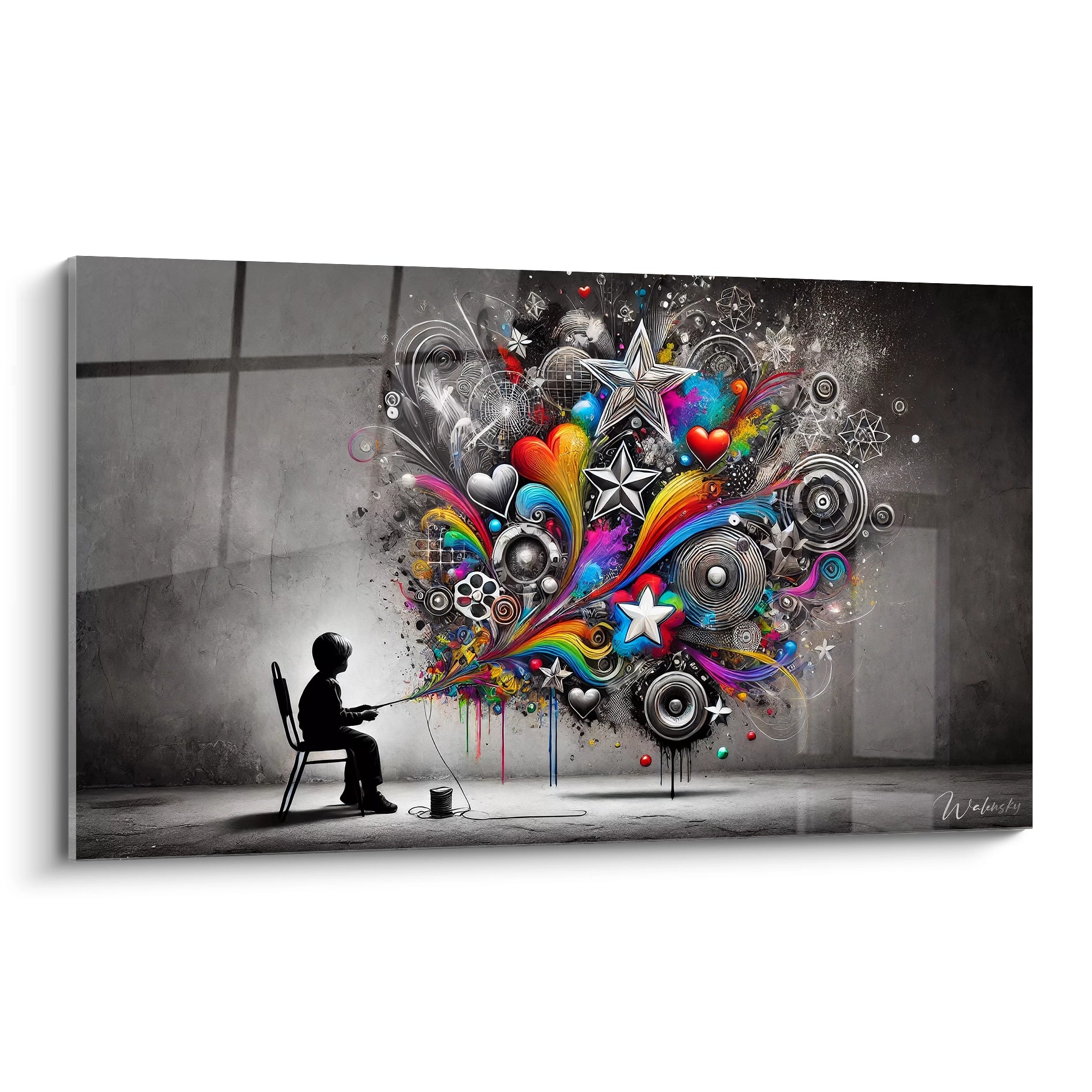 Apportez une touche unique a votre interieur avec ce tableau graffiti vu de biais. Une explosion de couleurs et de symboles inspirants pour sublimer vos espaces.

