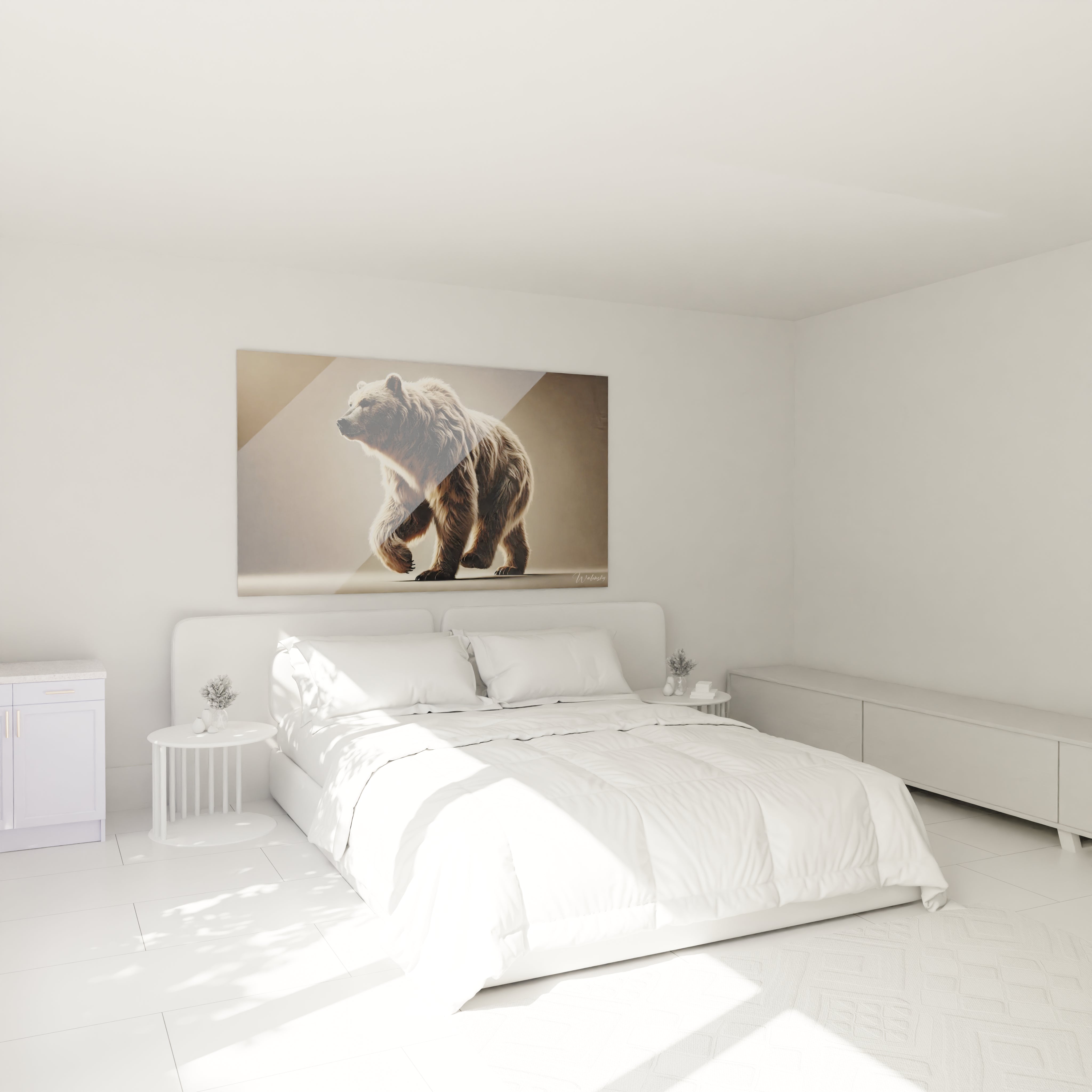 Dans cette chambre, le tableau grizzly au-dessus du lit évoque une force tranquille. La palette terreuse beige, marron et noir s’harmonise parfaitement avec l'ambiance apaisante de l'espace.

