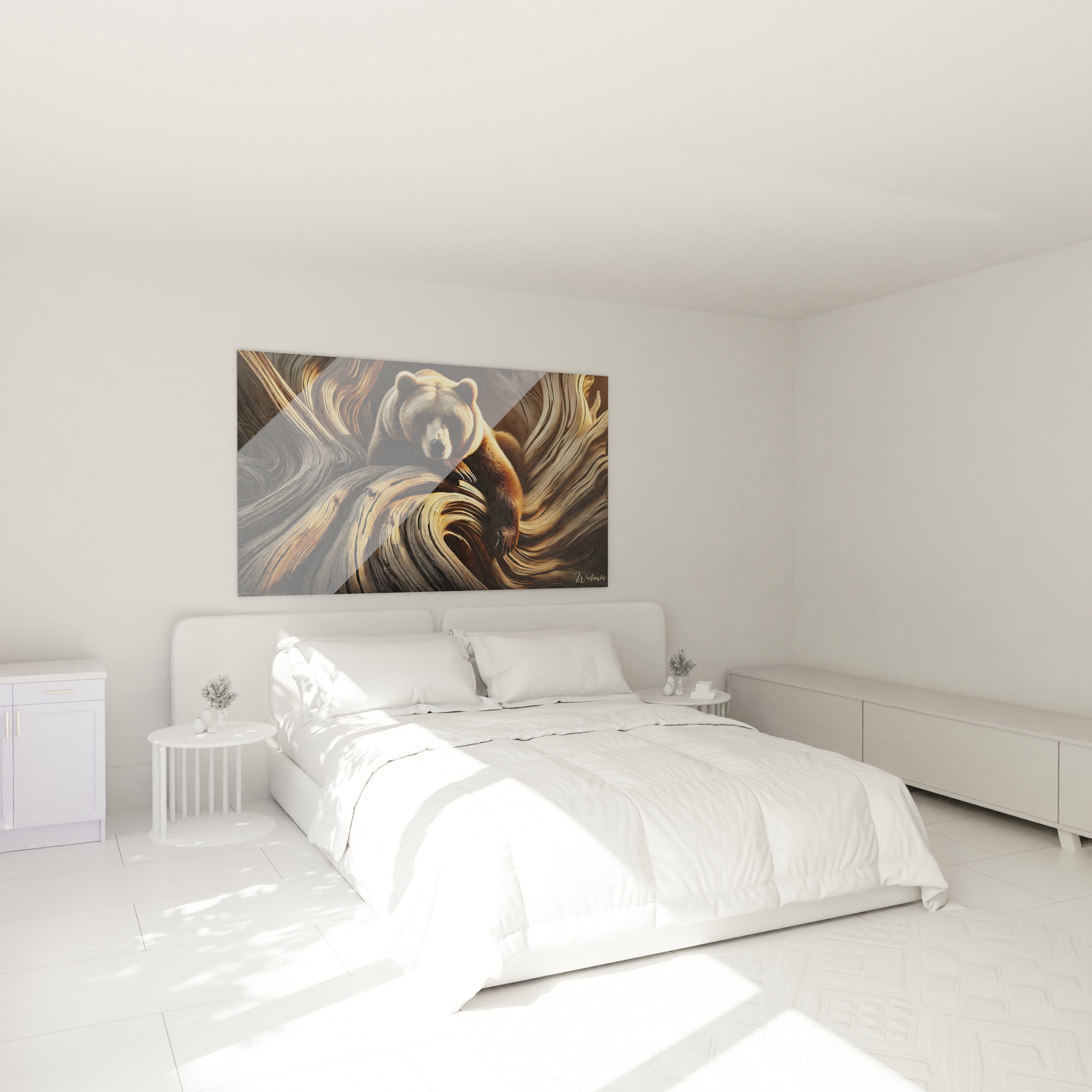 Sublimez votre chambre avec ce tableau grizzly, representation unique de la serenite et de la force sauvage. Parfait pour apporter une touche naturelle et chaleureuse a votre espace de repos.

