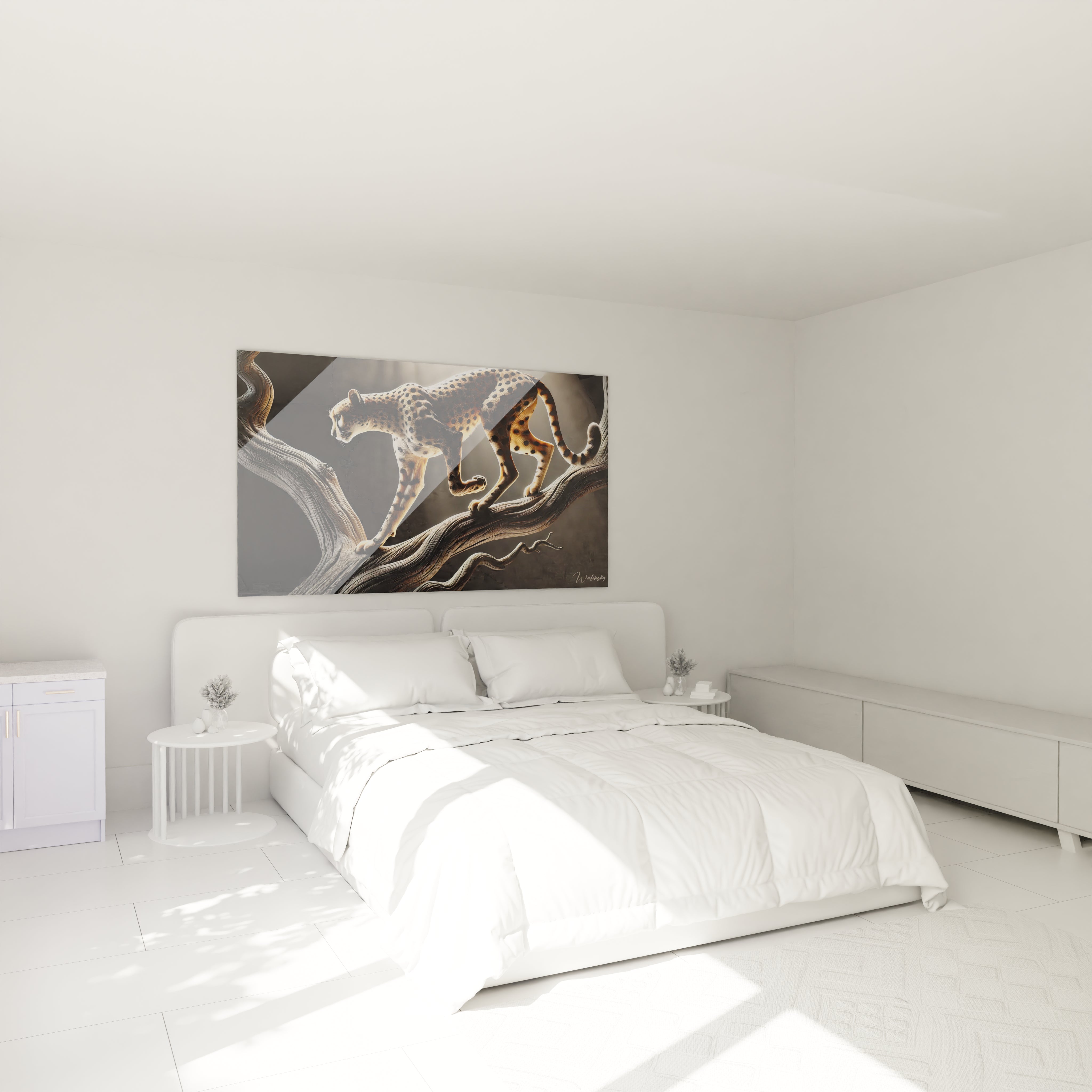 tableau guepard accroche au mur au dessus du lit, apportant une touche sauvage et majestueuse a la chambre. Un choix parfait pour une ambiance elegante avec des couleurs sombres et naturelles

