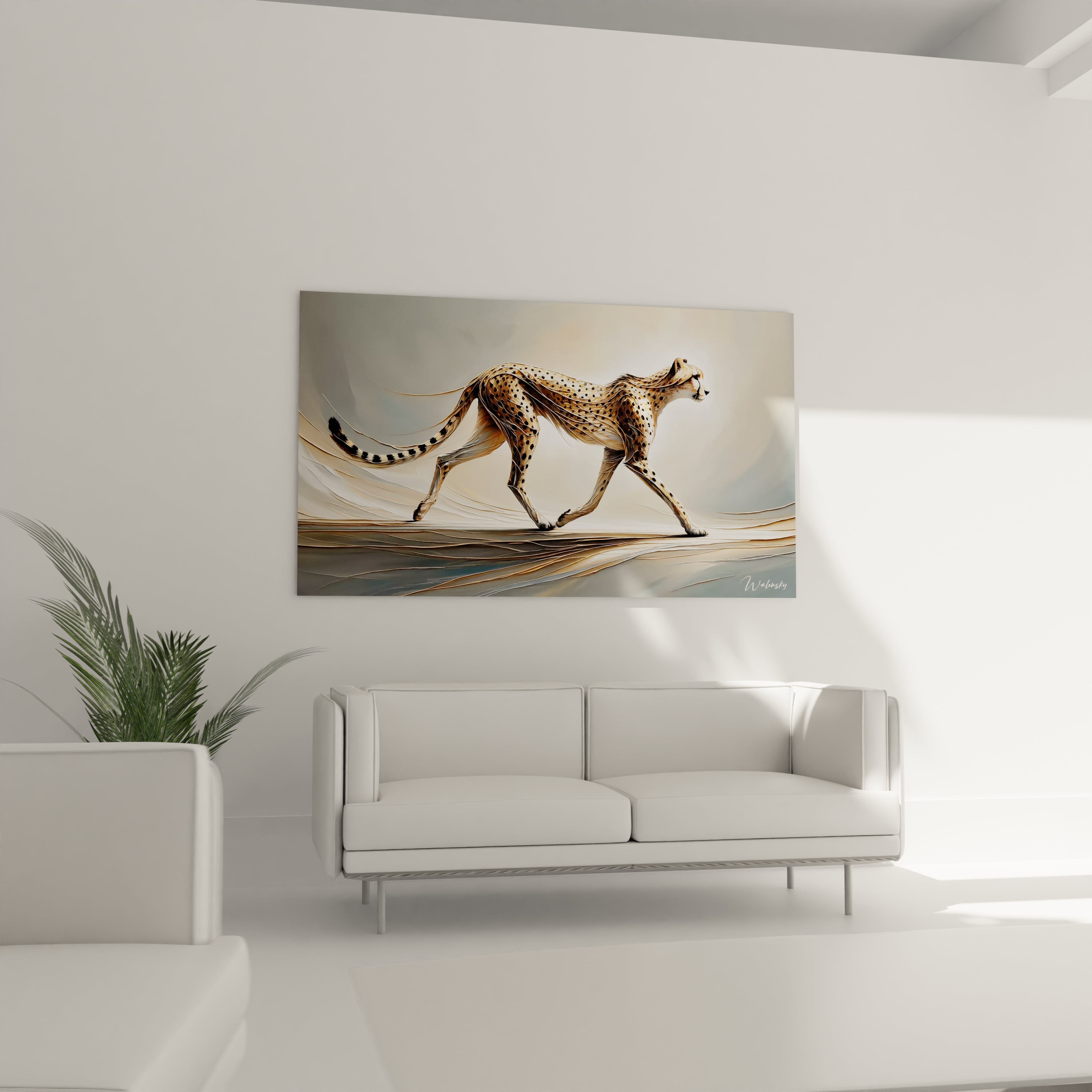 ce tableau guepard accroche au mur au-dessus du canape apporte une ambiance contemporaine et elegante. La fluidite du mouvement du felin sublime la decoration du salon

