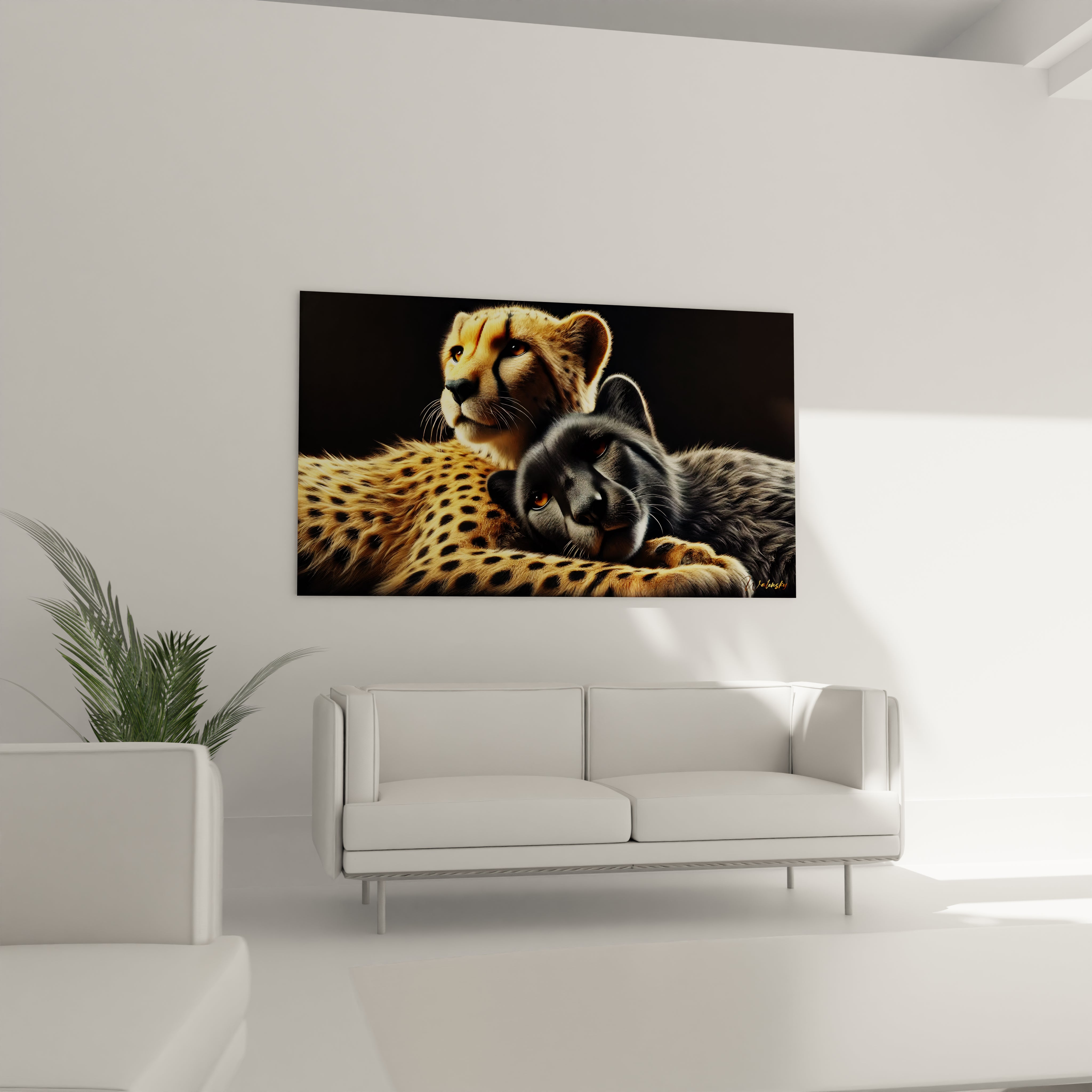 tableau guepard au dessus du canape dans le salon ce tableau aux nuances de noir et dore apportera une touche elegante et sauvage a votre interieur creez une atmosphere apaisante et majestueuse

