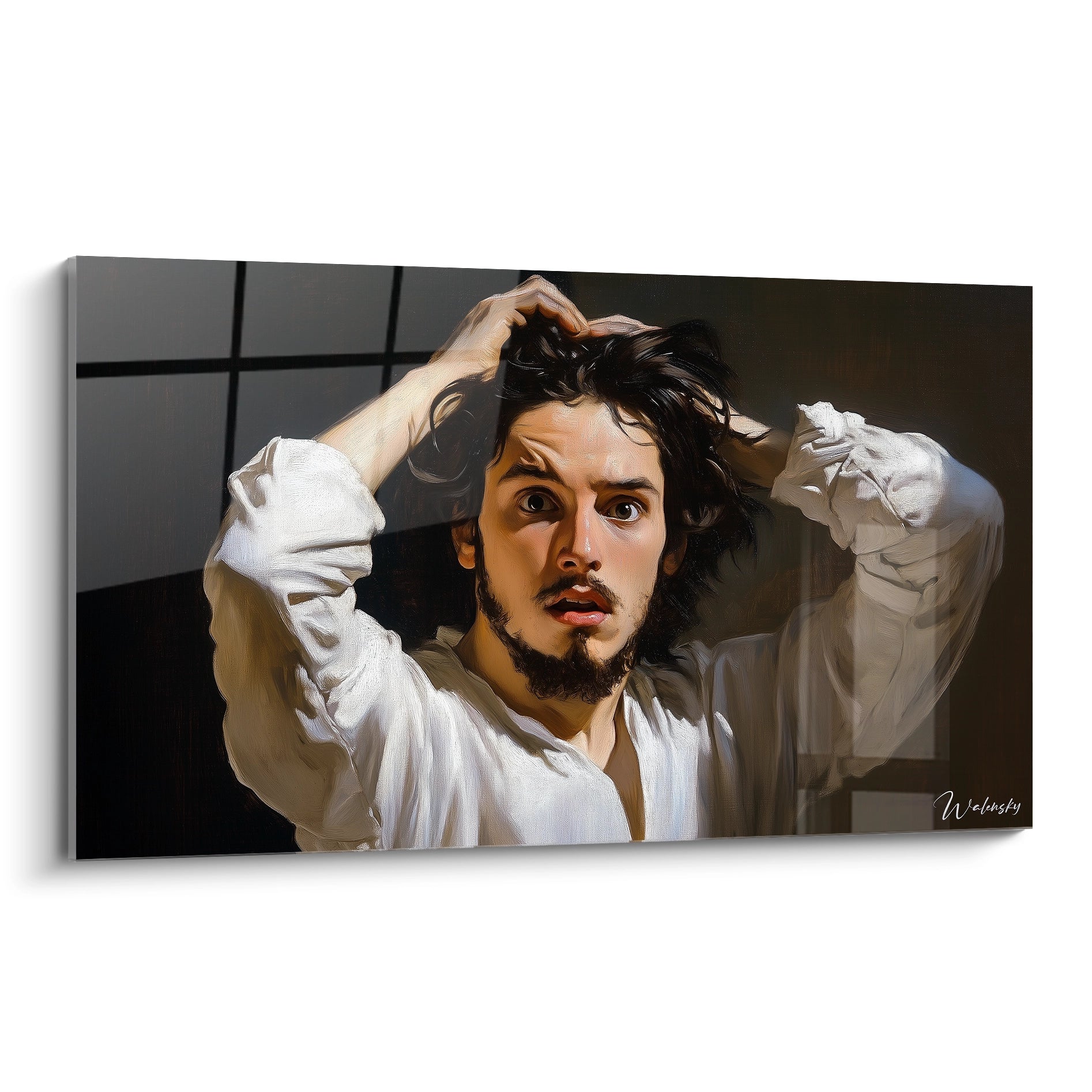 Un tableau Gustave Courbet représentant un homme en chemise blanche avec les mains dans les cheveux, utilisant des tons beige, noir et blanc, et des textures lisses sur un fond sombre.

