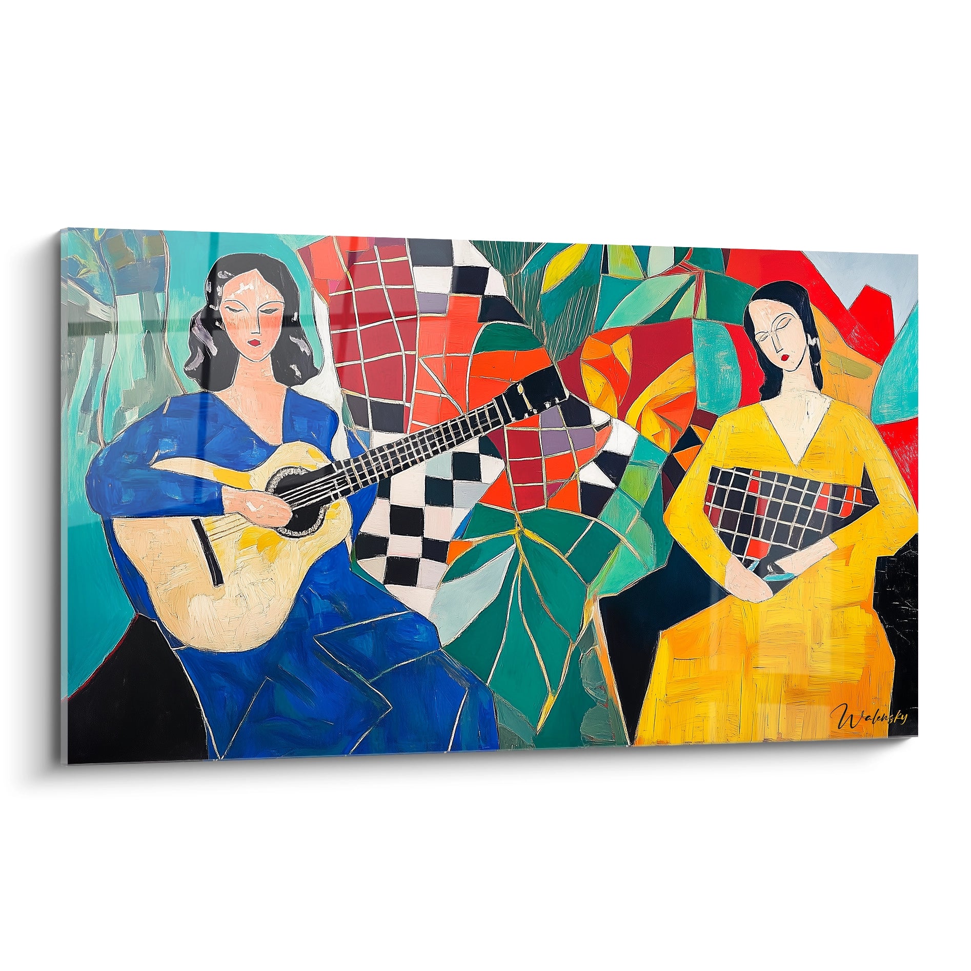 Un tableau artistique abstrait représentant deux femmes, l’une jouant de la guitare et l’autre tenant un instrument, avec des teintes vives de bleu, rouge, et jaune sur un fond géométrique.

