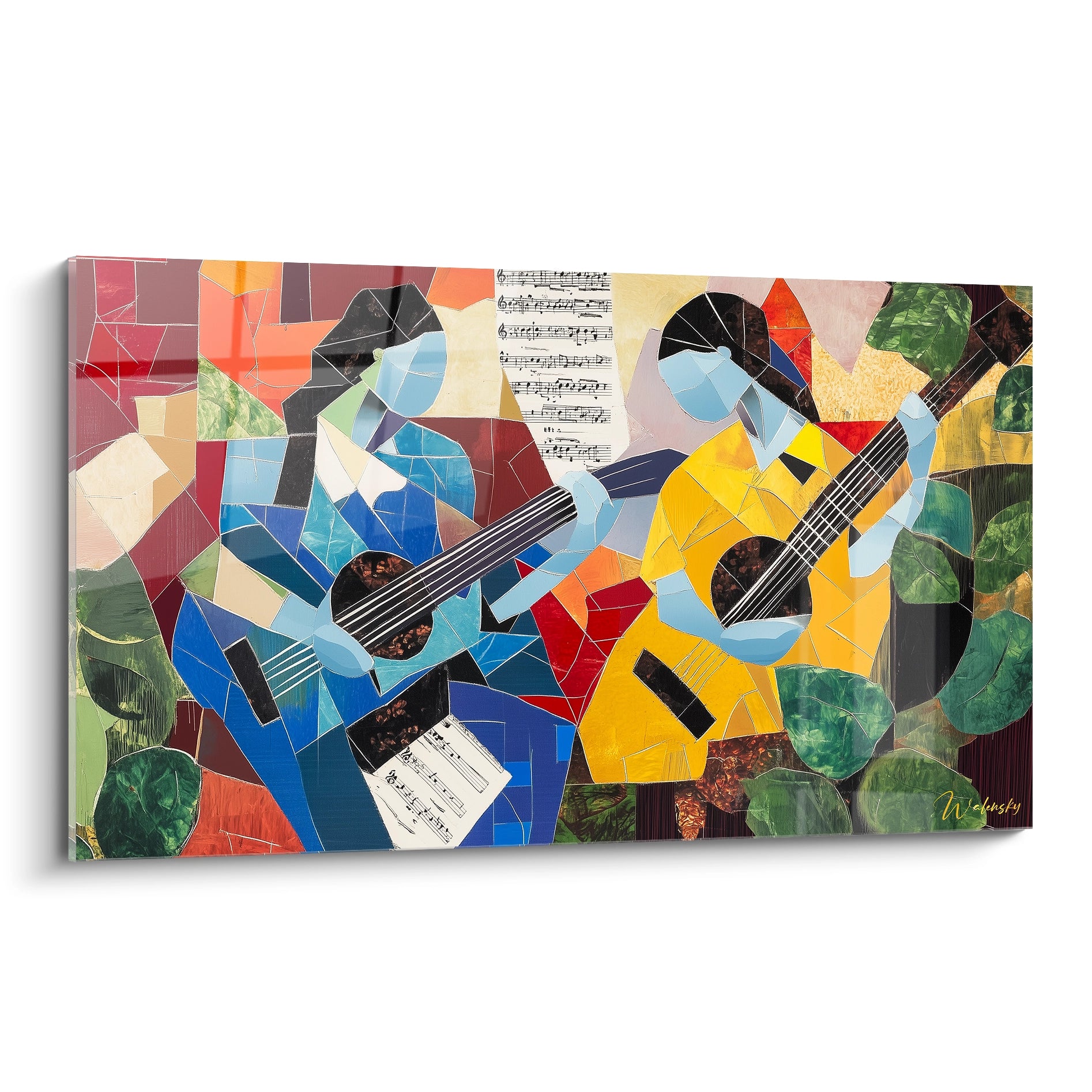 Un tableau artistique abstrait représentant deux musiciens jouant de la guitare, avec des formes géométriques et des teintes jaunes, bleues et rouges sur un fond texturé.

