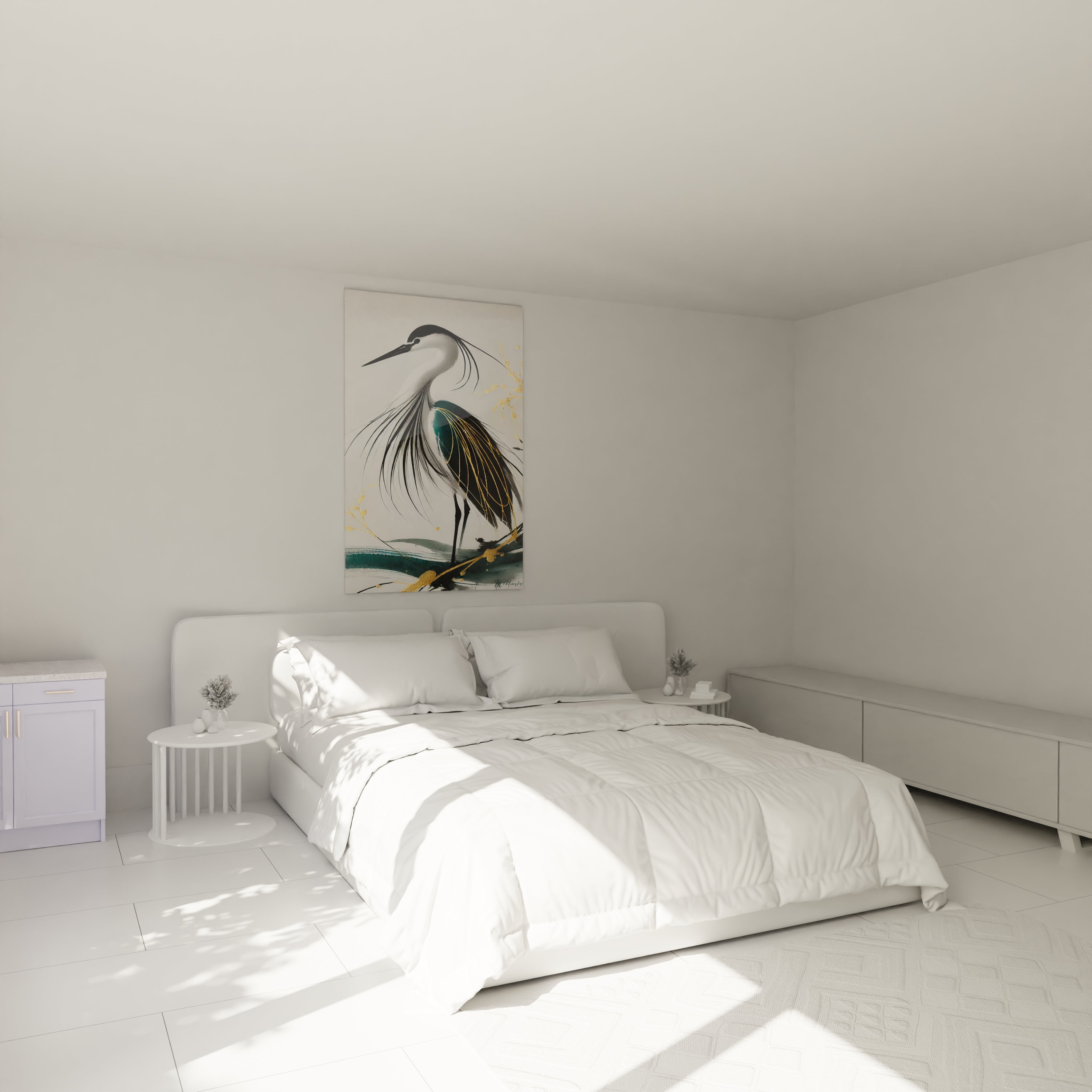 Tableau heron accroche dans une chambre au dessus du lit Un heron majestueux en noir et or qui apporte serenite et sophistication a la chambre Un choix parfait pour une ambiance apaisante

