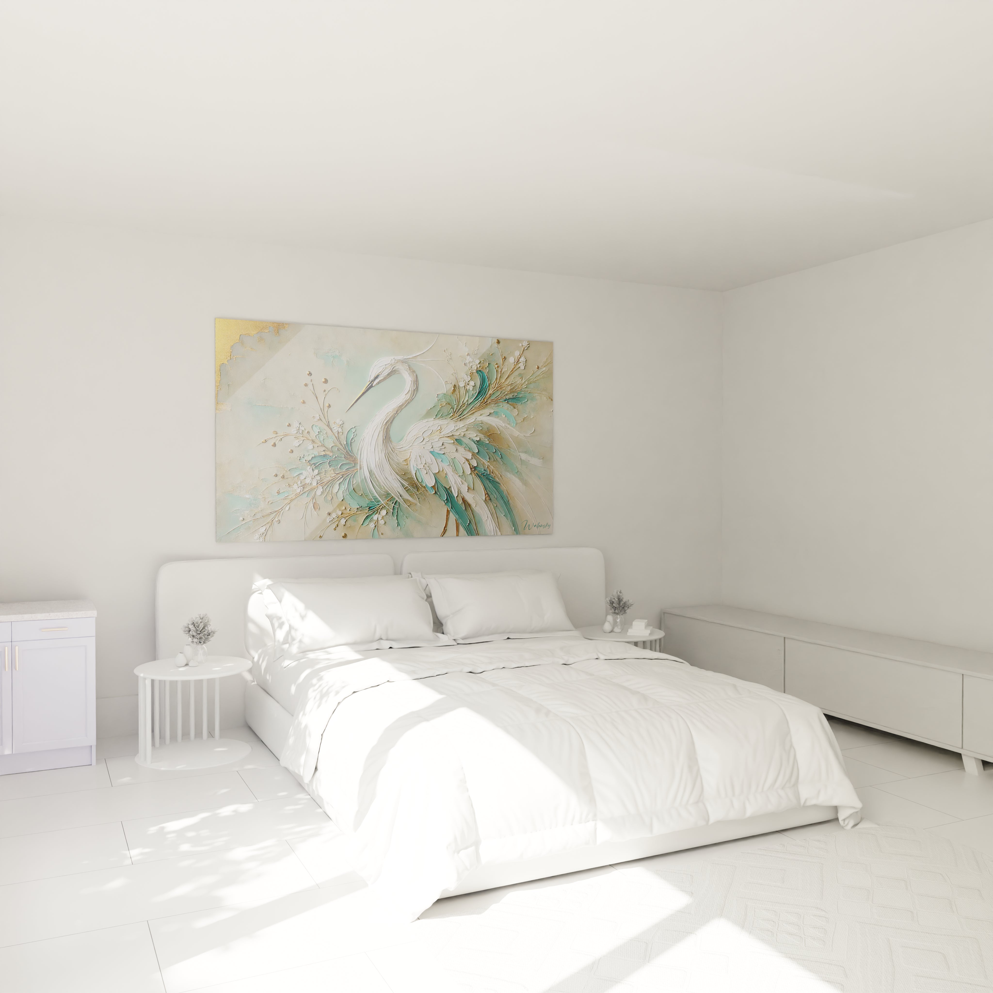 tableau heron dans une chambre au-dessus du lit cree une atmosphere elegante et apaisante Les couleurs douces et les touches dorees s harmonisent pour offrir un espace de calme et serenite

