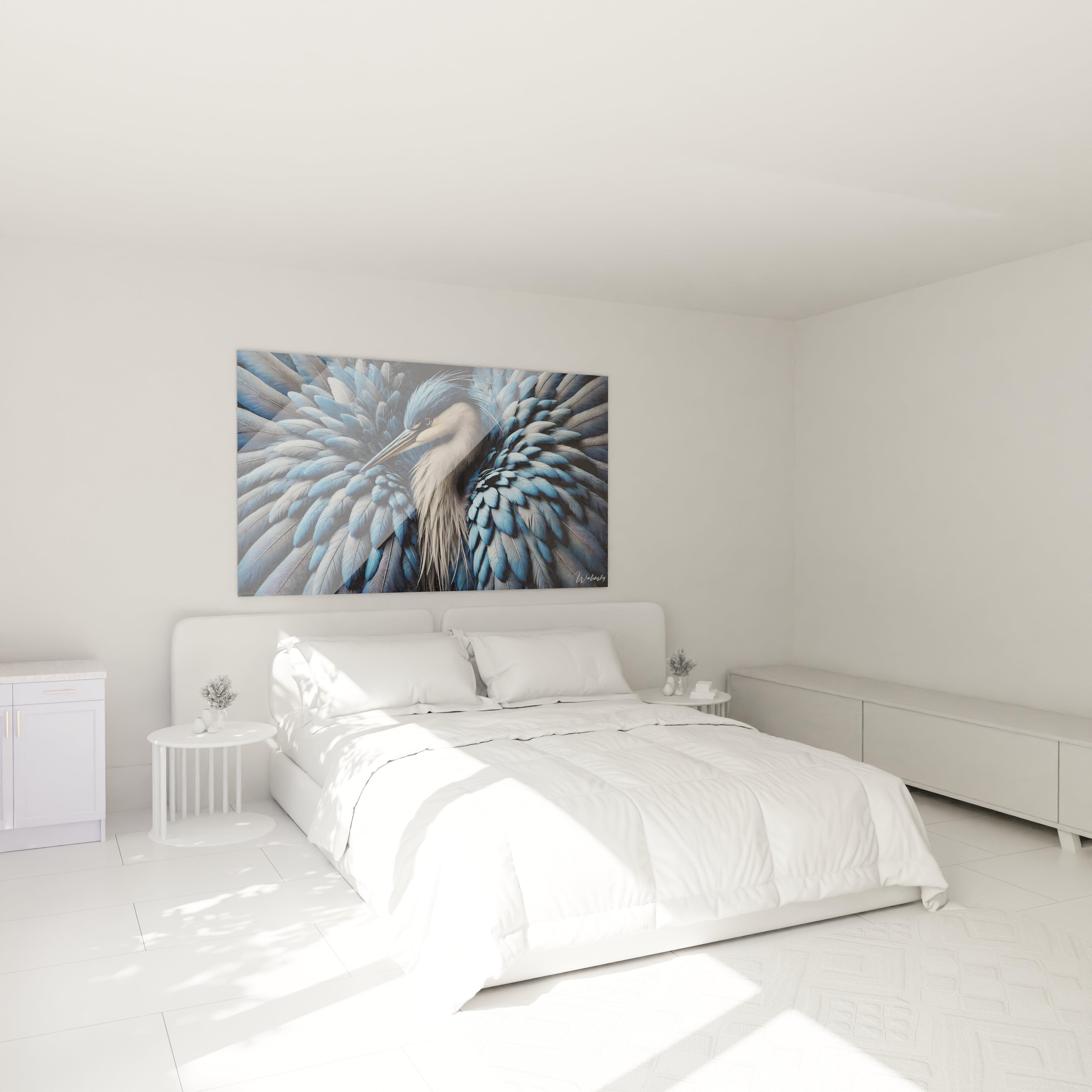 tableau heron elegant au-dessus du lit dans la chambre apportant serenite et sophistication avec ses teintes de bleu et nuances naturelles inspirant la tranquilite

