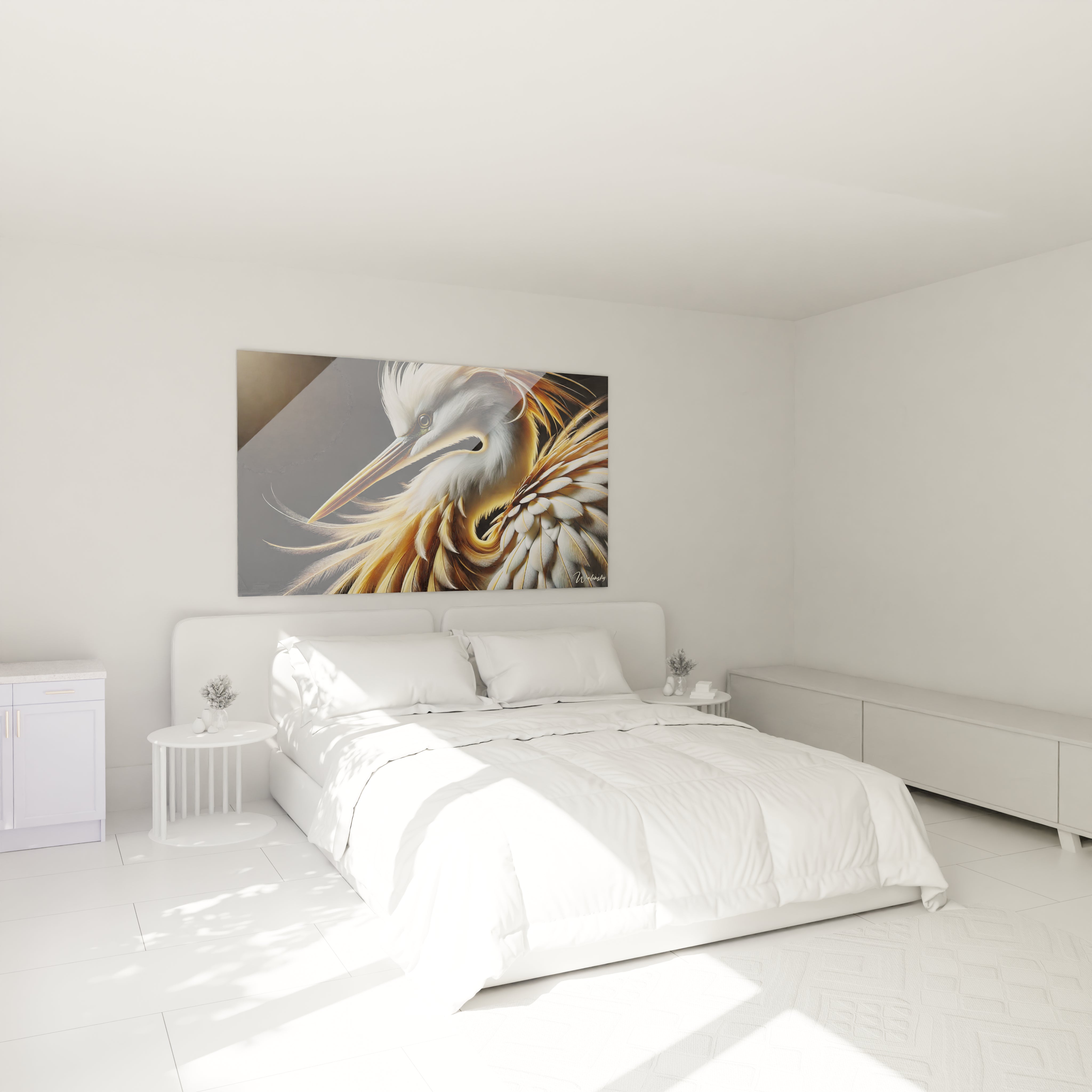 Dans cette chambre ce tableau heron capte l'oeil au-dessus du lit apportant calme et sophistication grace a ses nuances harmonieuses et son impression visuelle unique ideal pour une deco elegante

