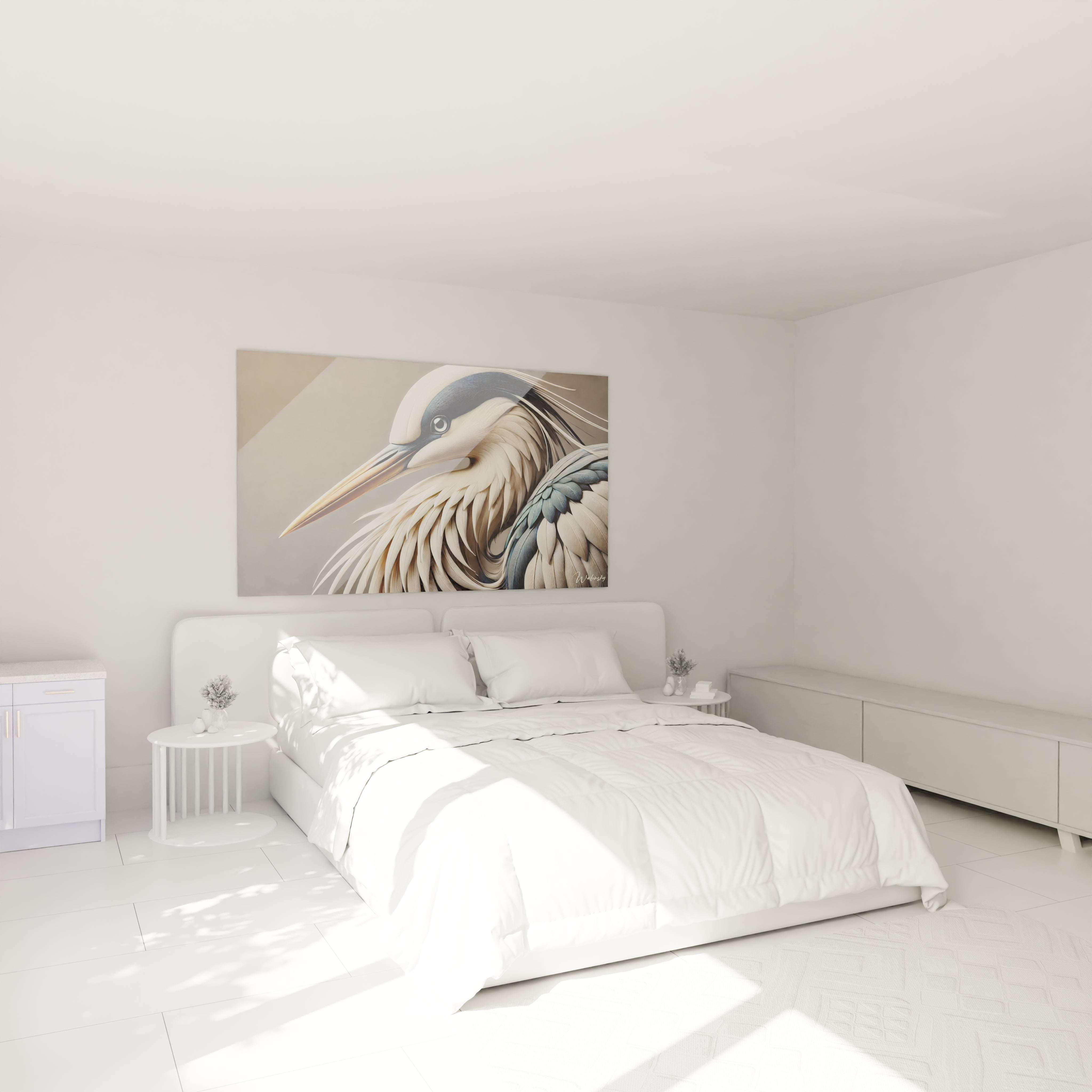 tableau heron accroche au mur de la chambre au-dessus du lit offrant une ambiance sereine et elegante grace a ses teintes douces parfait pour une decoration apaisante et sophistiquee

