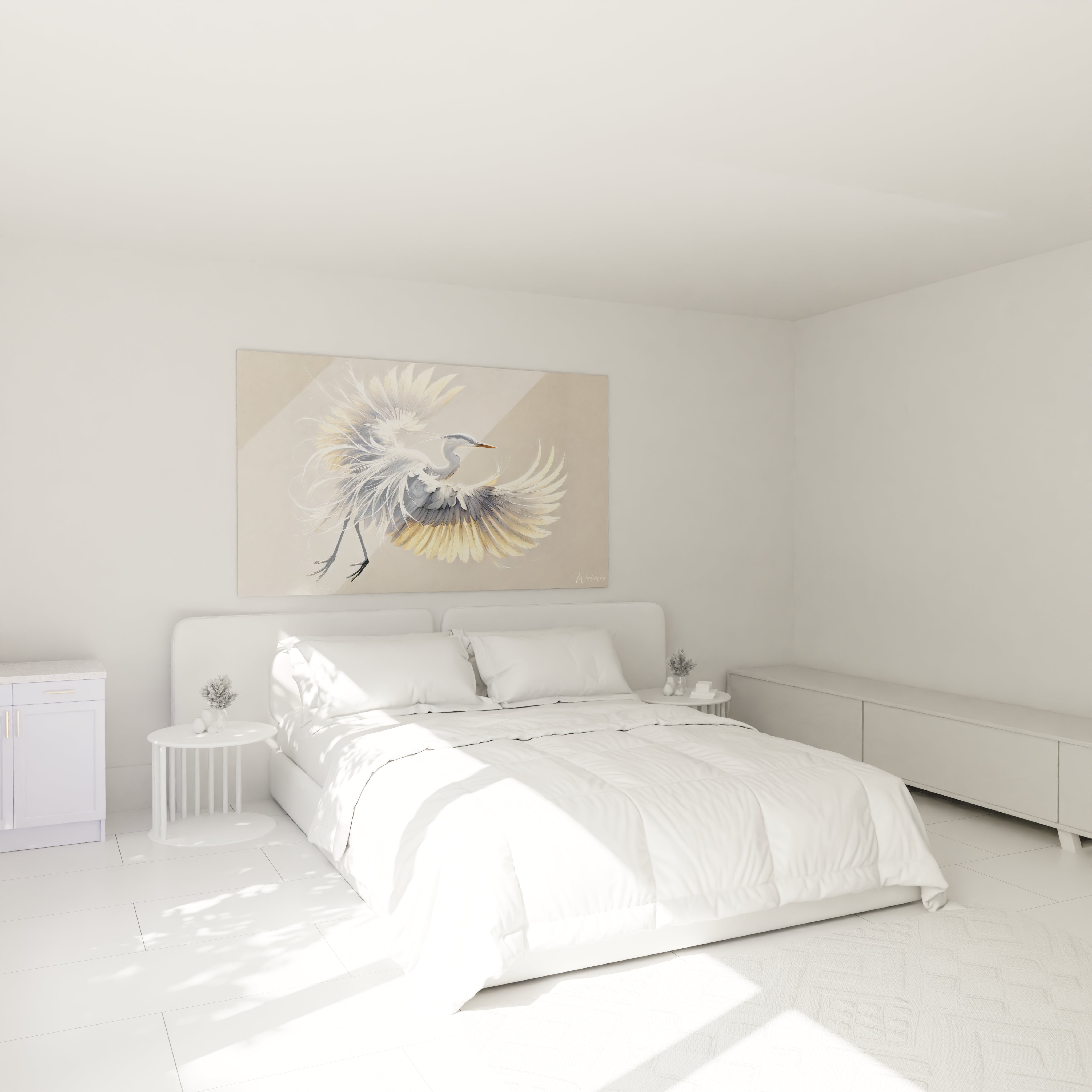 tableau heron dans une chambre au dessus du lit pour apporter une serenite naturelle chaque plume et nuance est concue pour sublimer l'espace avec une touche de grace et de legerete

