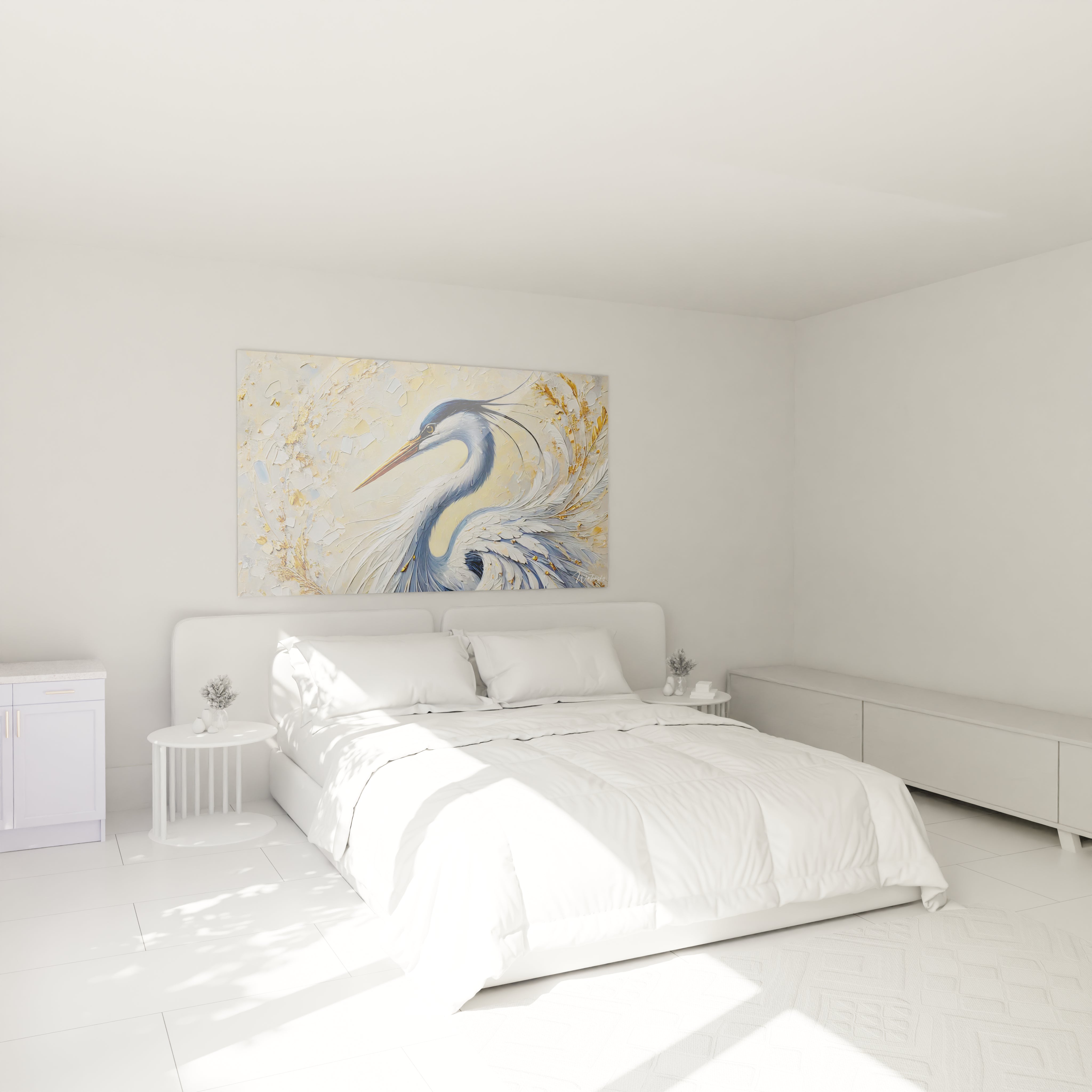 Dans une chambre au-dessus du lit ce tableau heron ajoute une touche de nature apaisante a la decoration Avec ses nuances douces et elegantes il apporte serenite et sophistication

