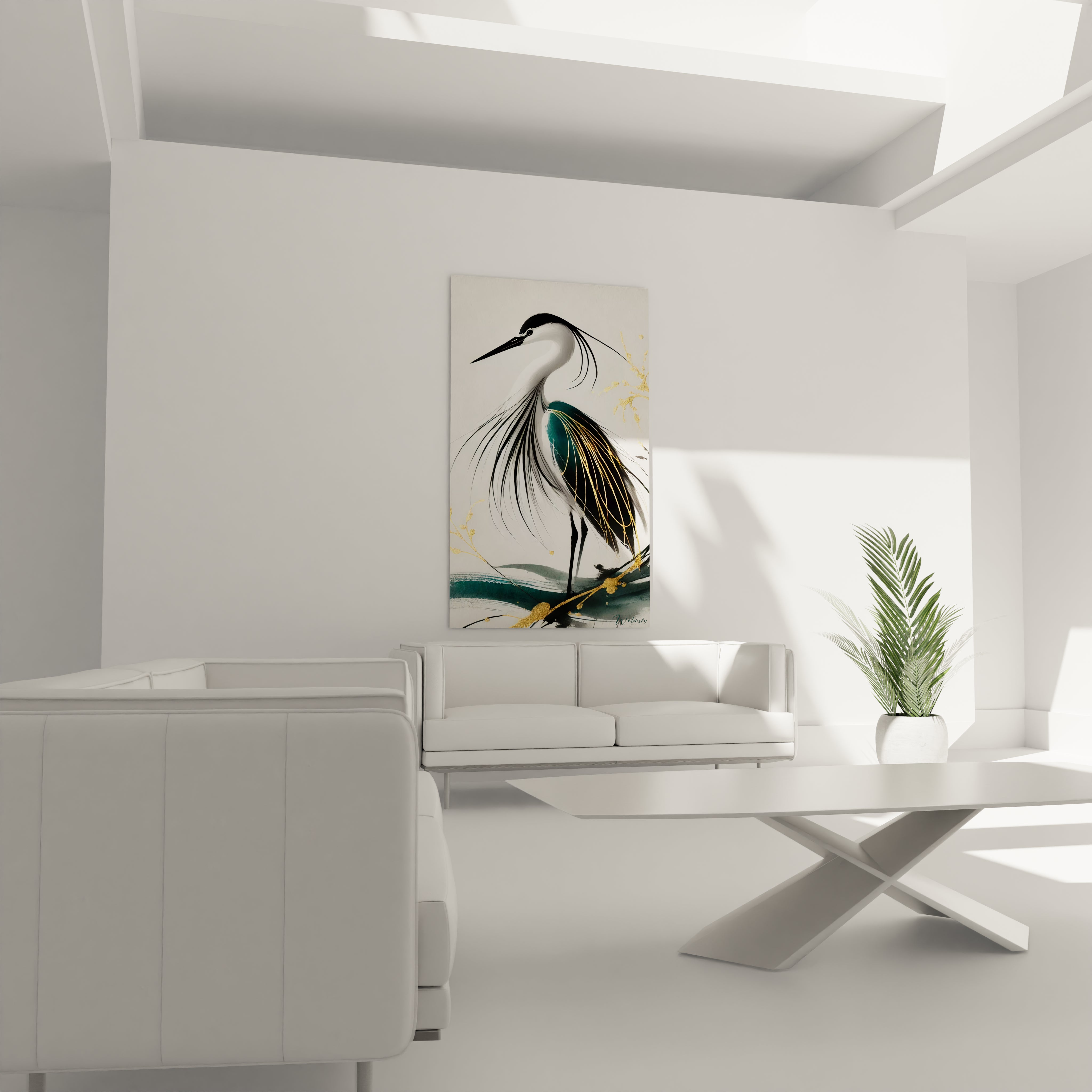 Tableau heron au mur d un salon au dessus d un canape Un heron noir et dore au style minimaliste qui ajoute une touche de nature et de raffinement au salon Moderne et elegant

