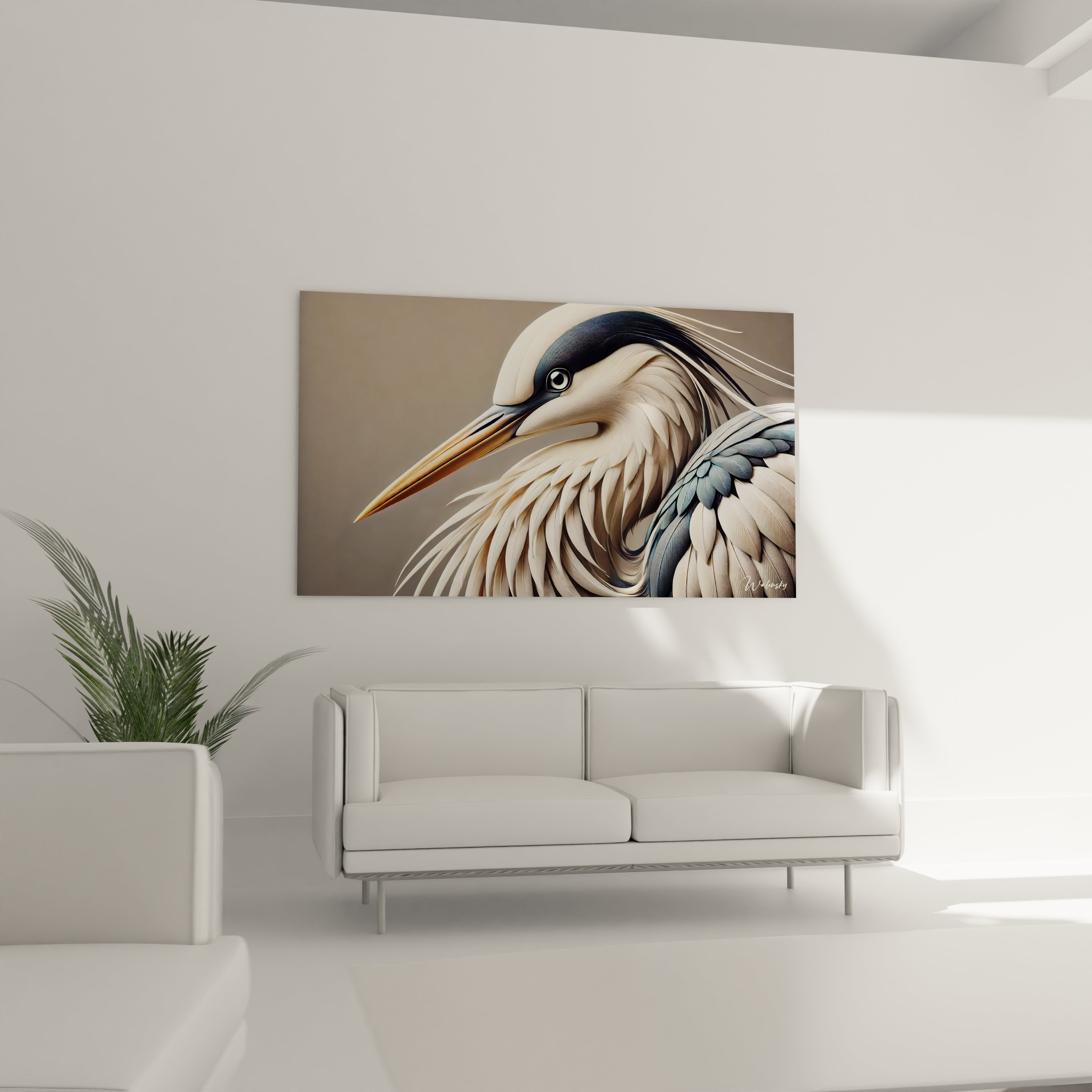 tableau heron accroche dans le salon au-dessus du canape avec ses nuances terreuses et touches bleues ajoutant profondeur et sophistication a un interieur contemporain ou minimaliste

