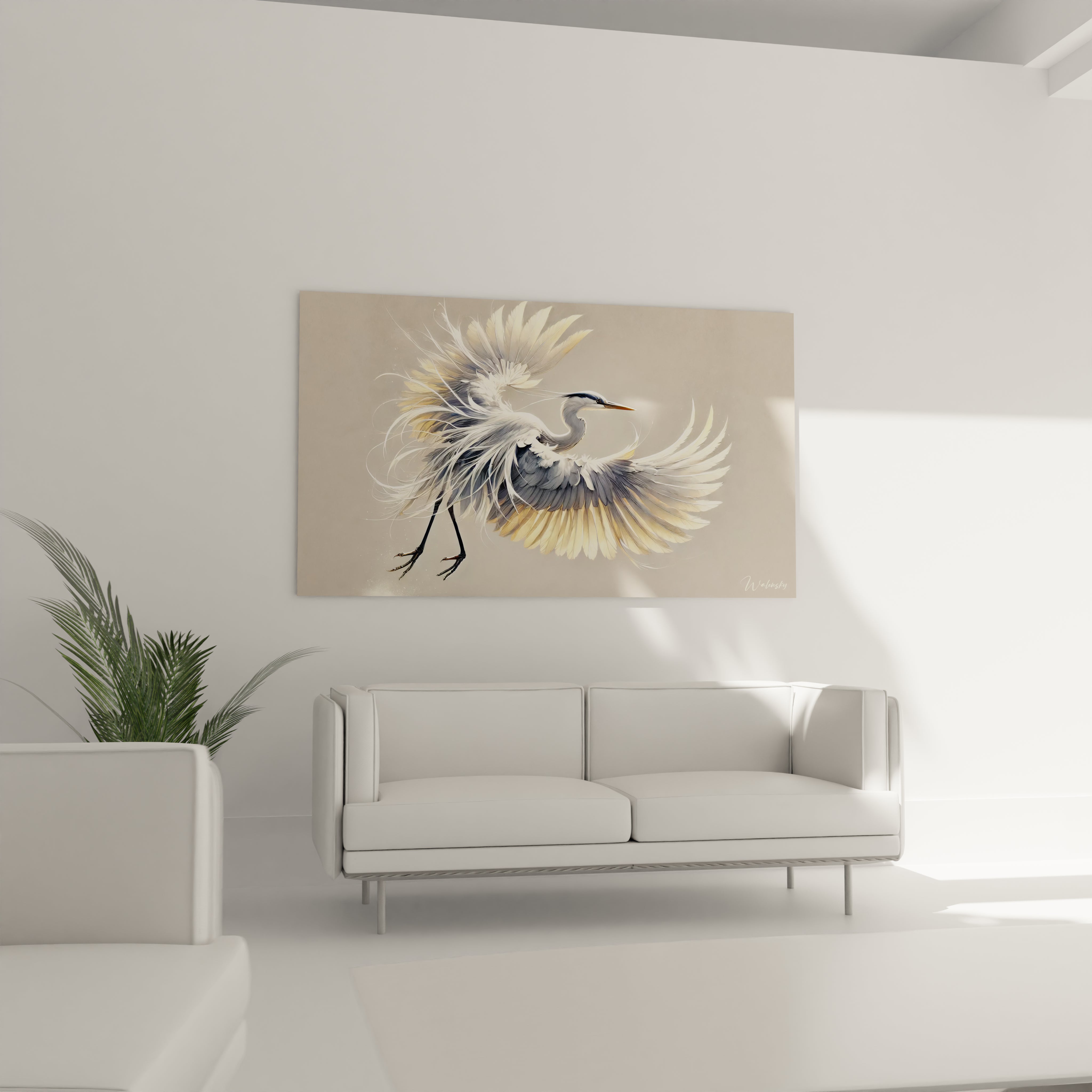 tableau heron au dessus du canape dans le salon apportant une ambiance calme et raffinee les tons neutres et doux creent une harmonie apaisante pour un espace moderne et elegant

