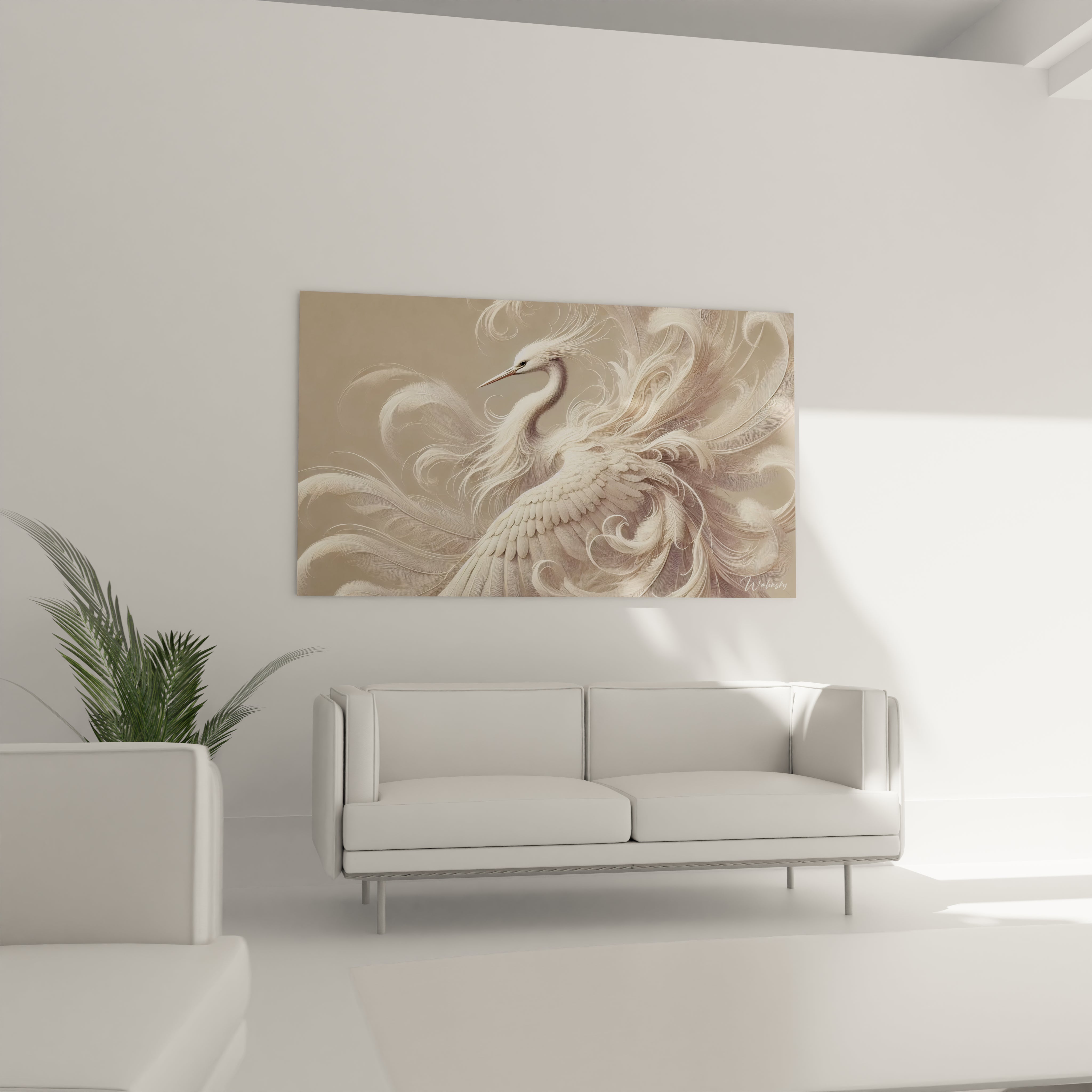 Dans un salon au-dessus du canape ce tableau heron devient le point focal de la piece Sa texture detaillee et ses courbes douces creent une ambiance apaisante

