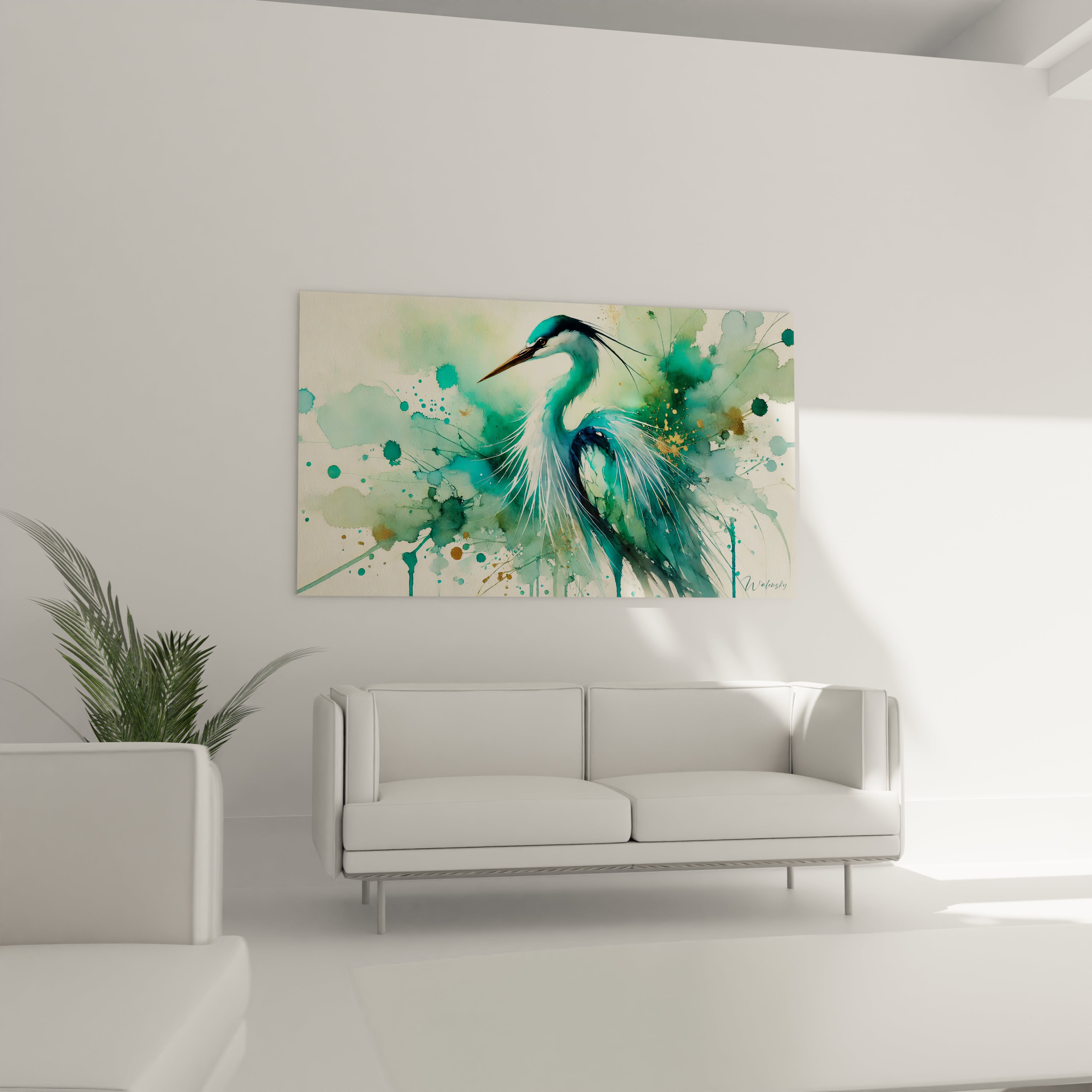 Tableau heron accroche au mur dans un salon au-dessus d un canape sa palette de vert bleu et or inspire une elegance naturelle et s integre parfaitement dans un decor moderne

