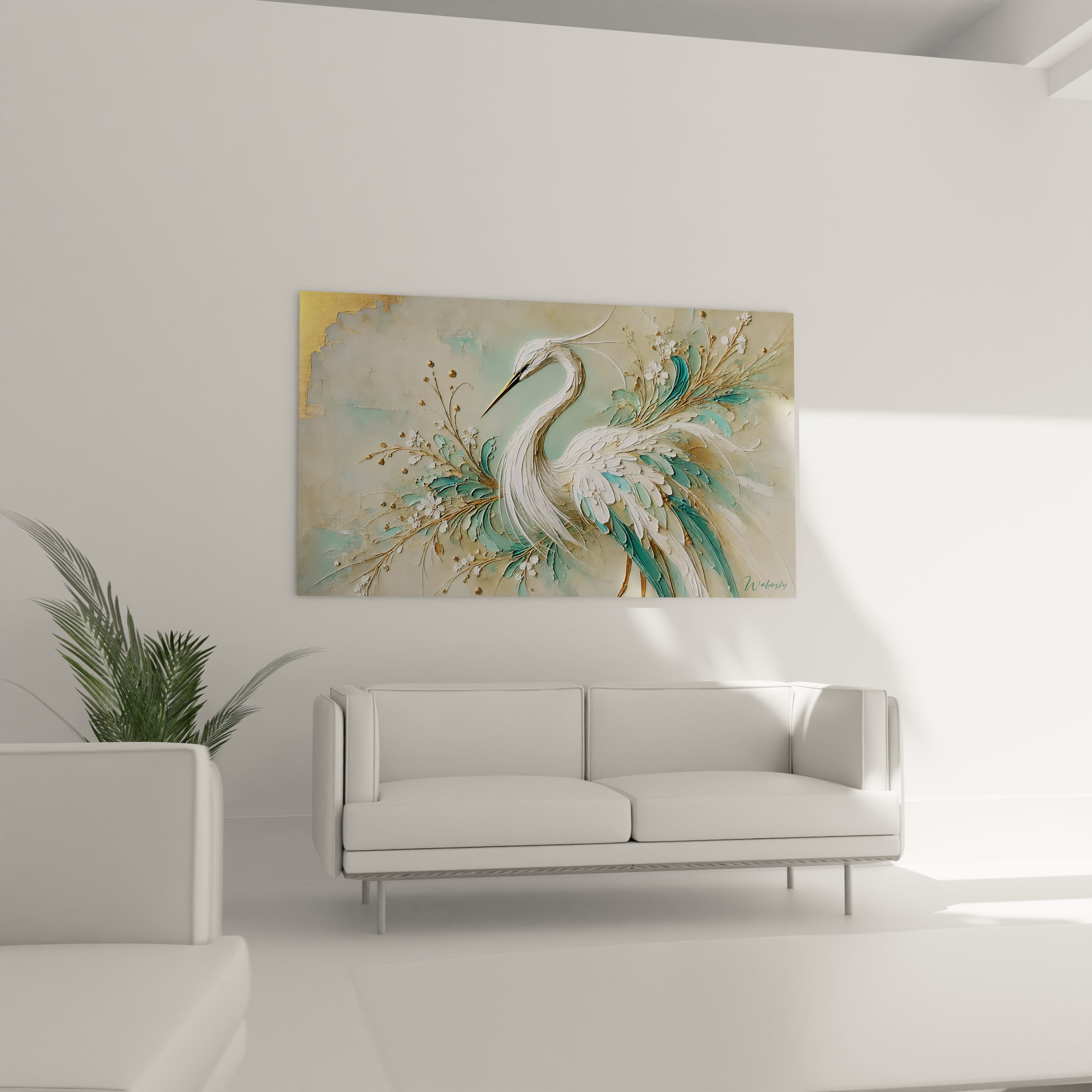 tableau heron au-dessus du canape dans un salon ajoute une touche de raffinement avec ses teintes de blanc et or Ce tableau s intègre harmonieusement dans un decor moderne et élégant

