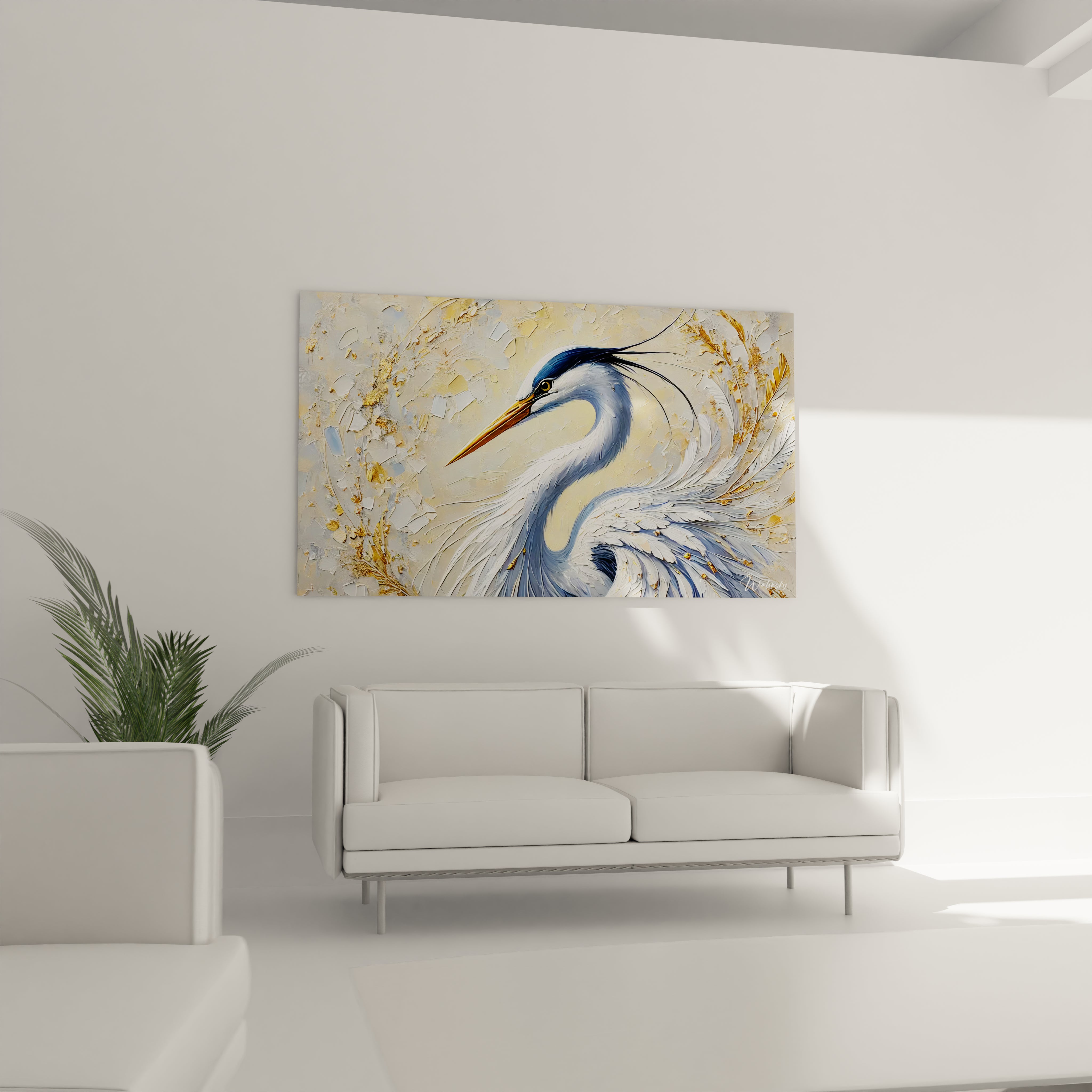 Dans un salon au-dessus d un canape le tableau heron devient un point focal Ses tons blanc or et gris s harmonisent parfaitement avec une decoration contemporaine et epuree

