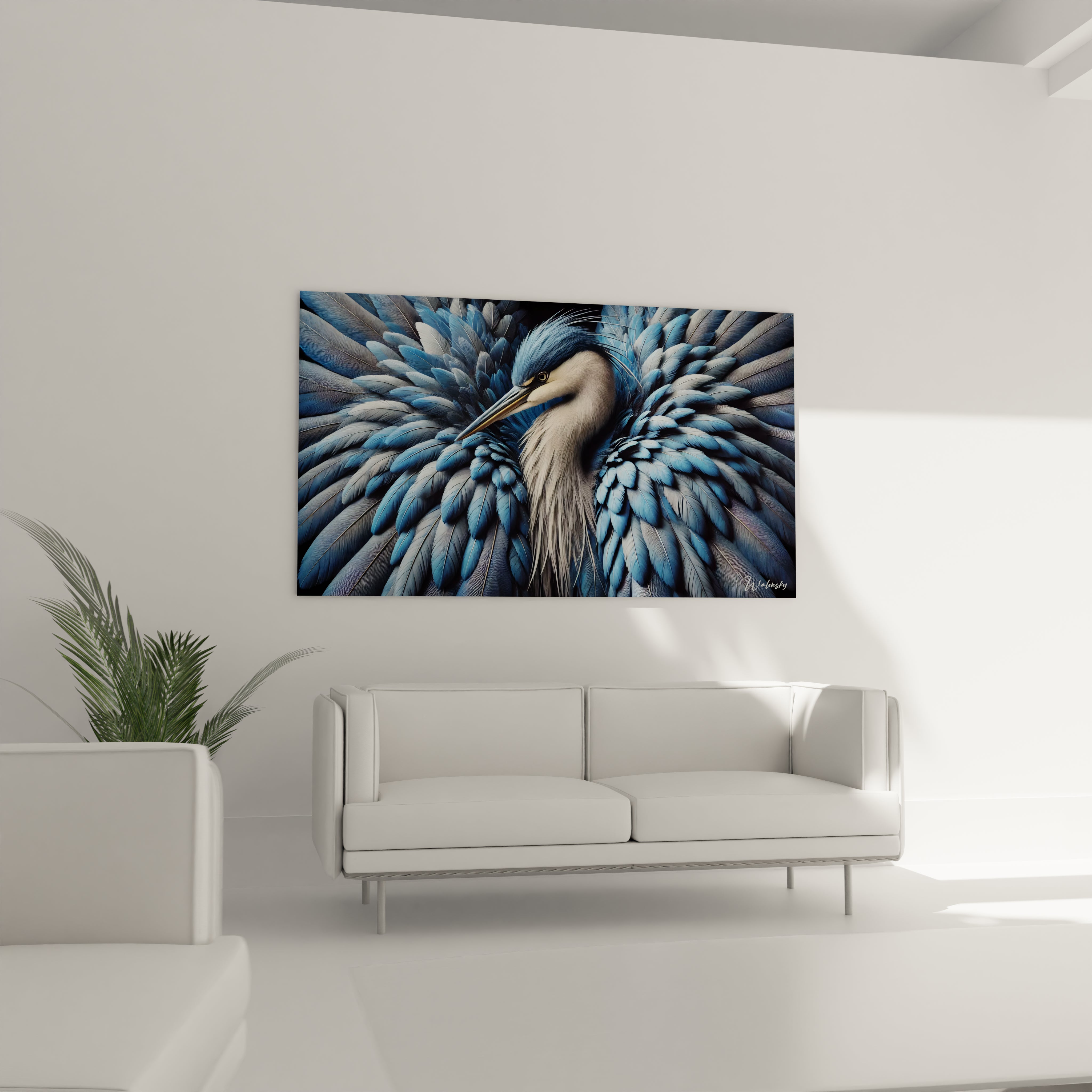 tableau heron accroche dans un salon apportant profondeur et raffinement grace a ses couleurs bleues et sa posture majestueuse ideal pour un decor calme et elegant

