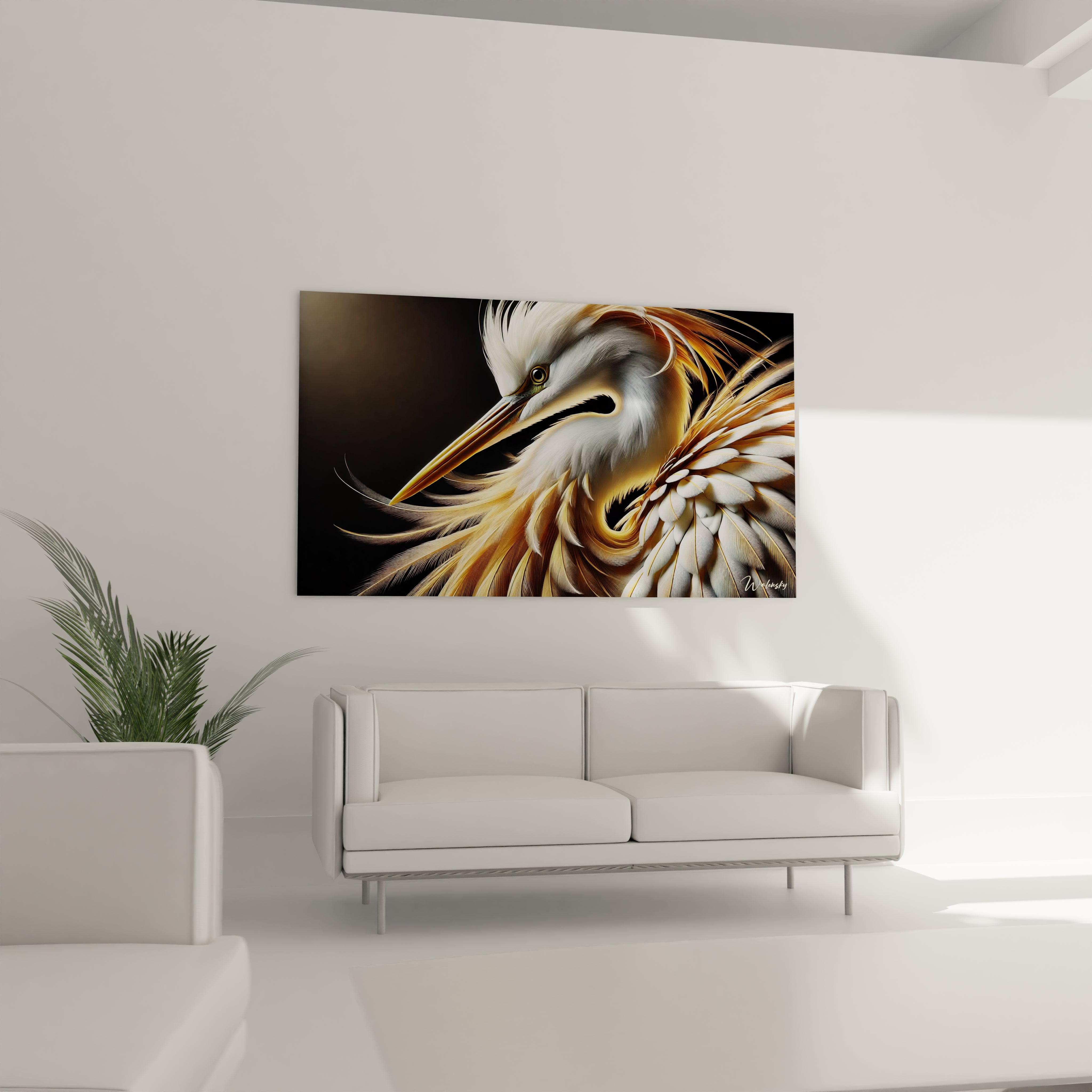 Ce tableau heron trone au-dessus du canape dans le salon offrant une presence majestueuse les contrastes de couleurs enrichissent la piece en ajoutant une touche de grace et d’equilibre naturel

