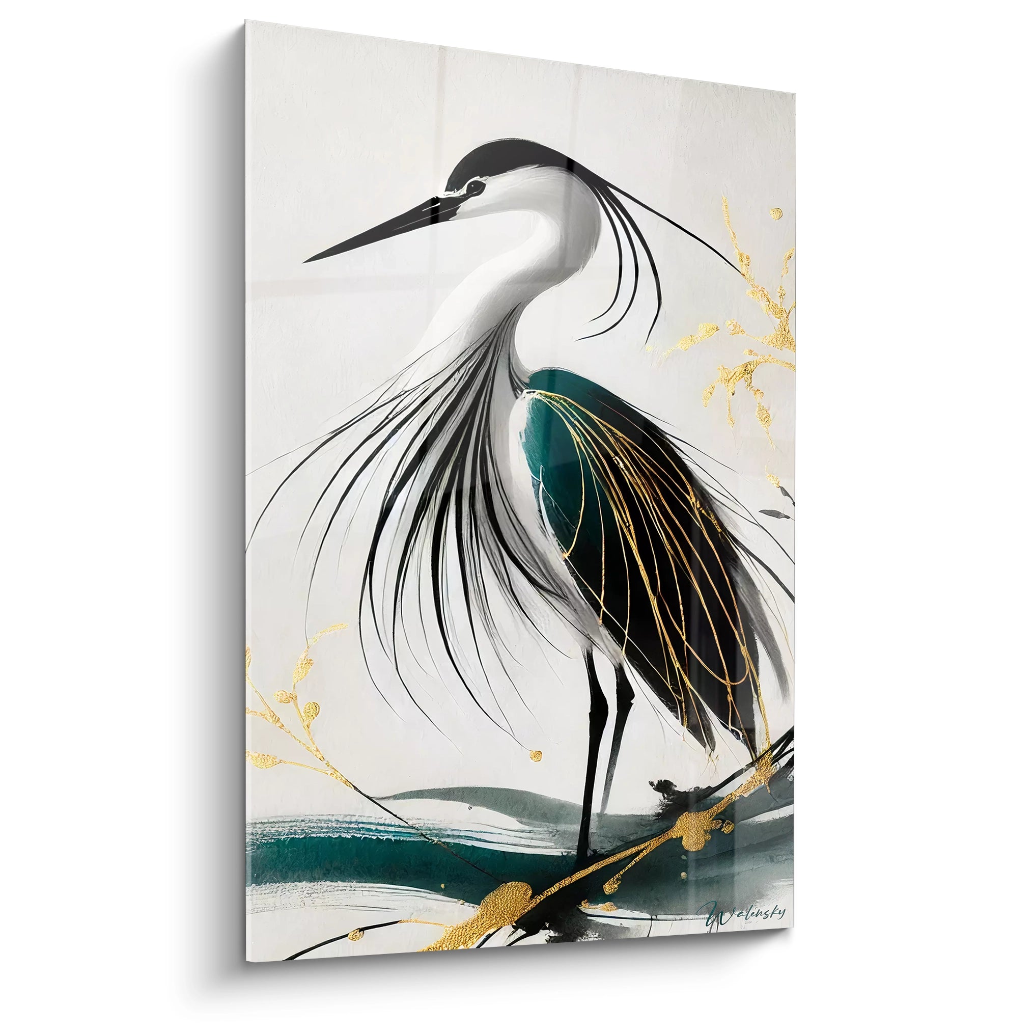 Tableau heron contemporain vu de biais Une composition elegante et minimaliste qui capte la grace du heron avec des touches dorees et vert fonce pour une decoration raffinee et apaisante

