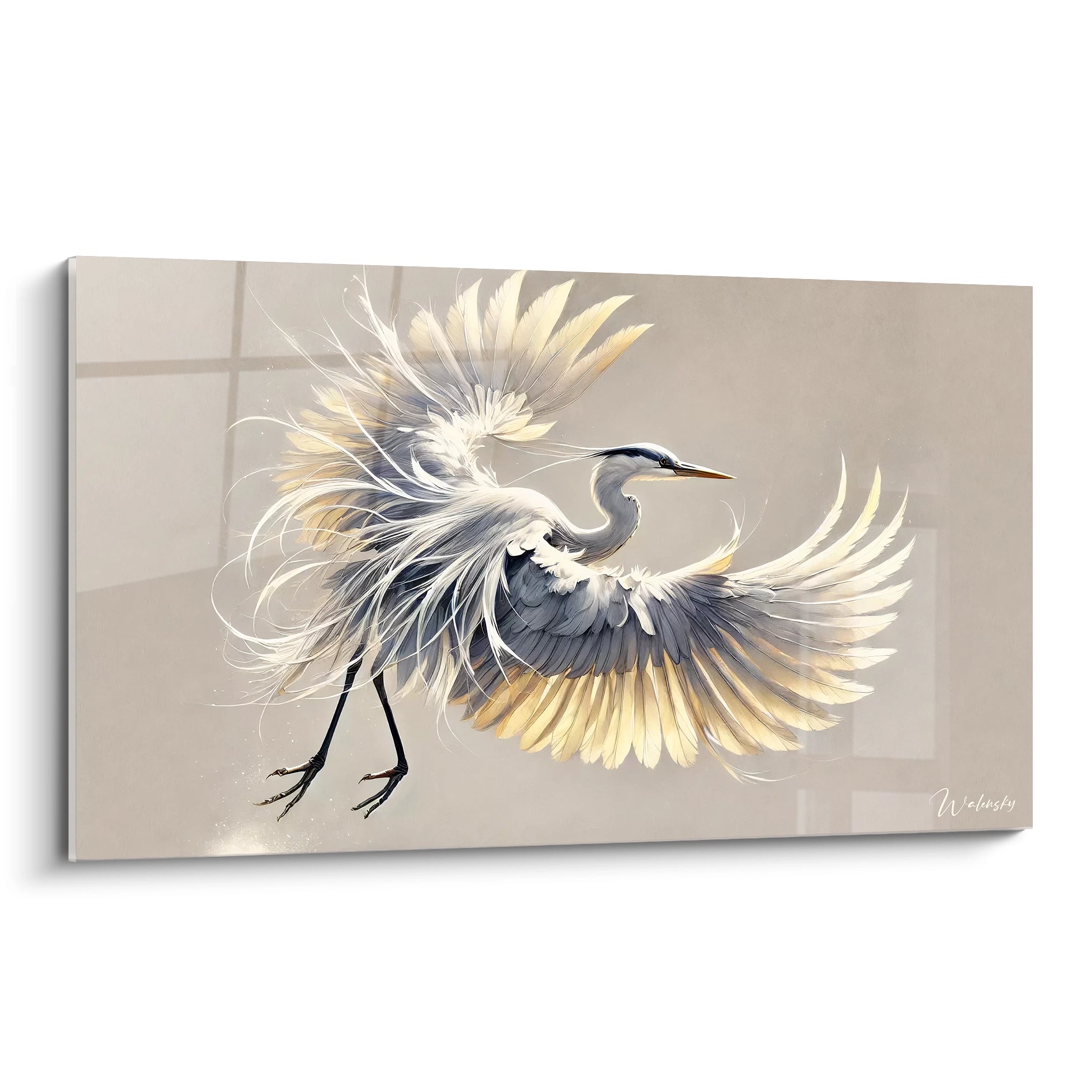 tableau heron vue de biais revelant chaque detail de ses plumes en mouvement ce tableau capture la beaute epuree de l'oiseau et s'integre parfaitement a une deco elegante et apaisante

