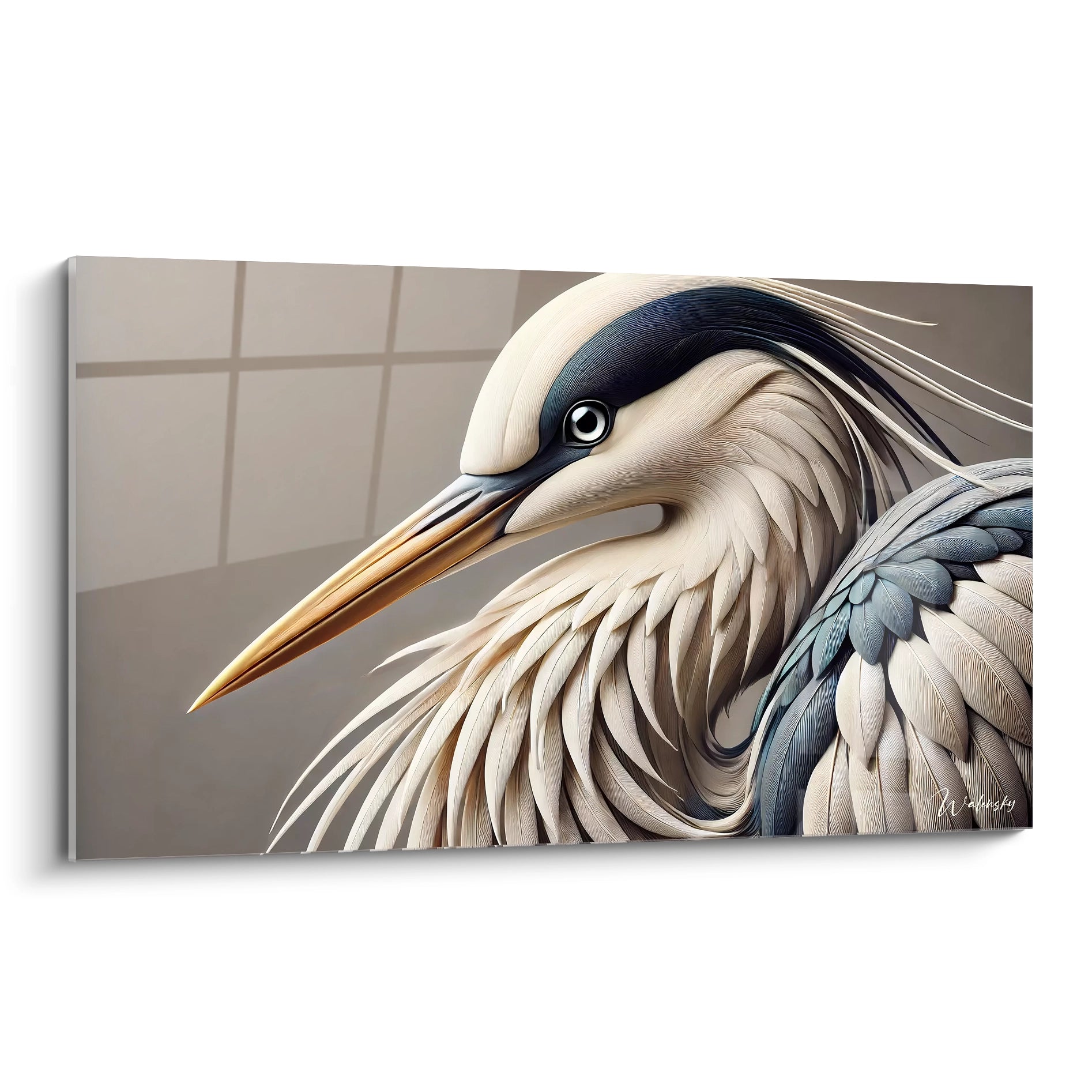 tableau heron de biais montrant les details des plumes et le relief subtil des textures pour un effet elegant et vivant ideal pour une ambiance apaisante et naturelle

