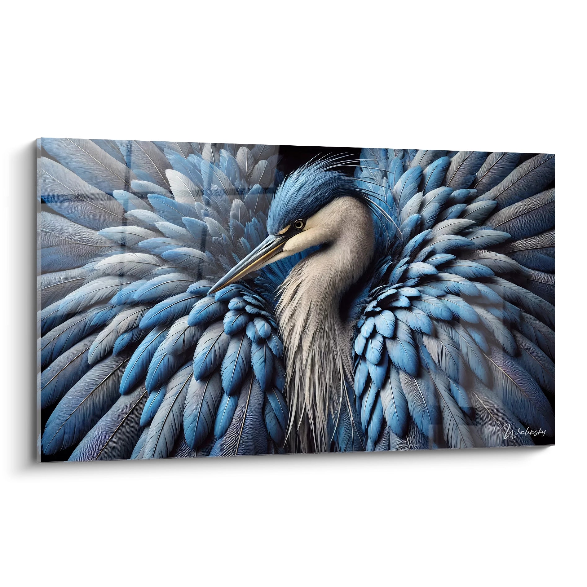 tableau heron vue de biais capturant chaque detail des plumes luxuriantes en nuances de bleu ideal pour decor apaisant et elegant dans un espace contemporain

