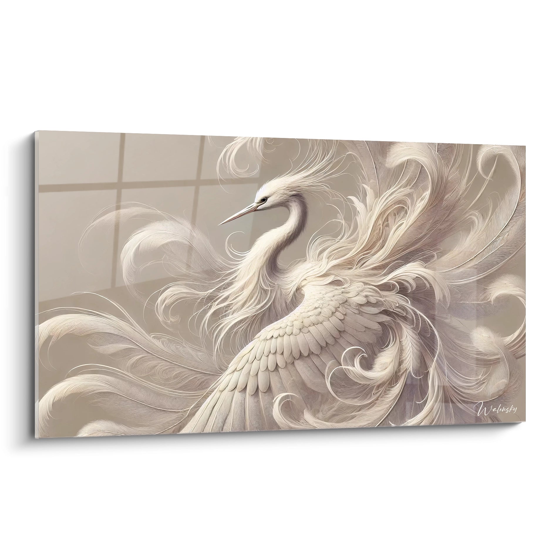 Tableau heron de biais montrant sa beaute et ses details fins Un rendu captivant ou chaque plume semble flotter dans un style epure parfait pour une decoration raffinee

