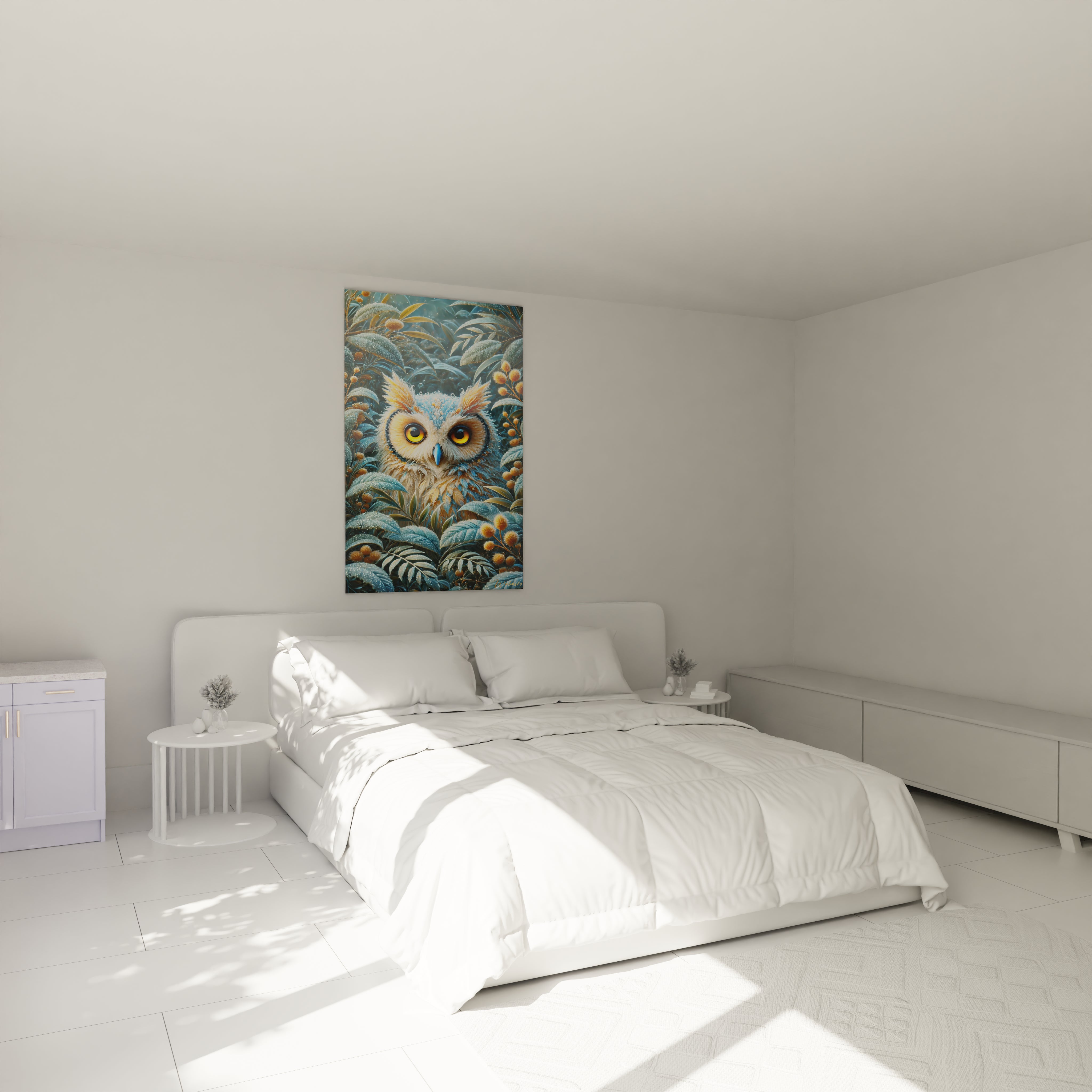 Le tableau hibou dans une chambre apporte une ambiance apaisante et naturelle au-dessus du lit, avec ses couleurs bleues et jaunes qui créent une harmonie idéale pour un espace de détente.

