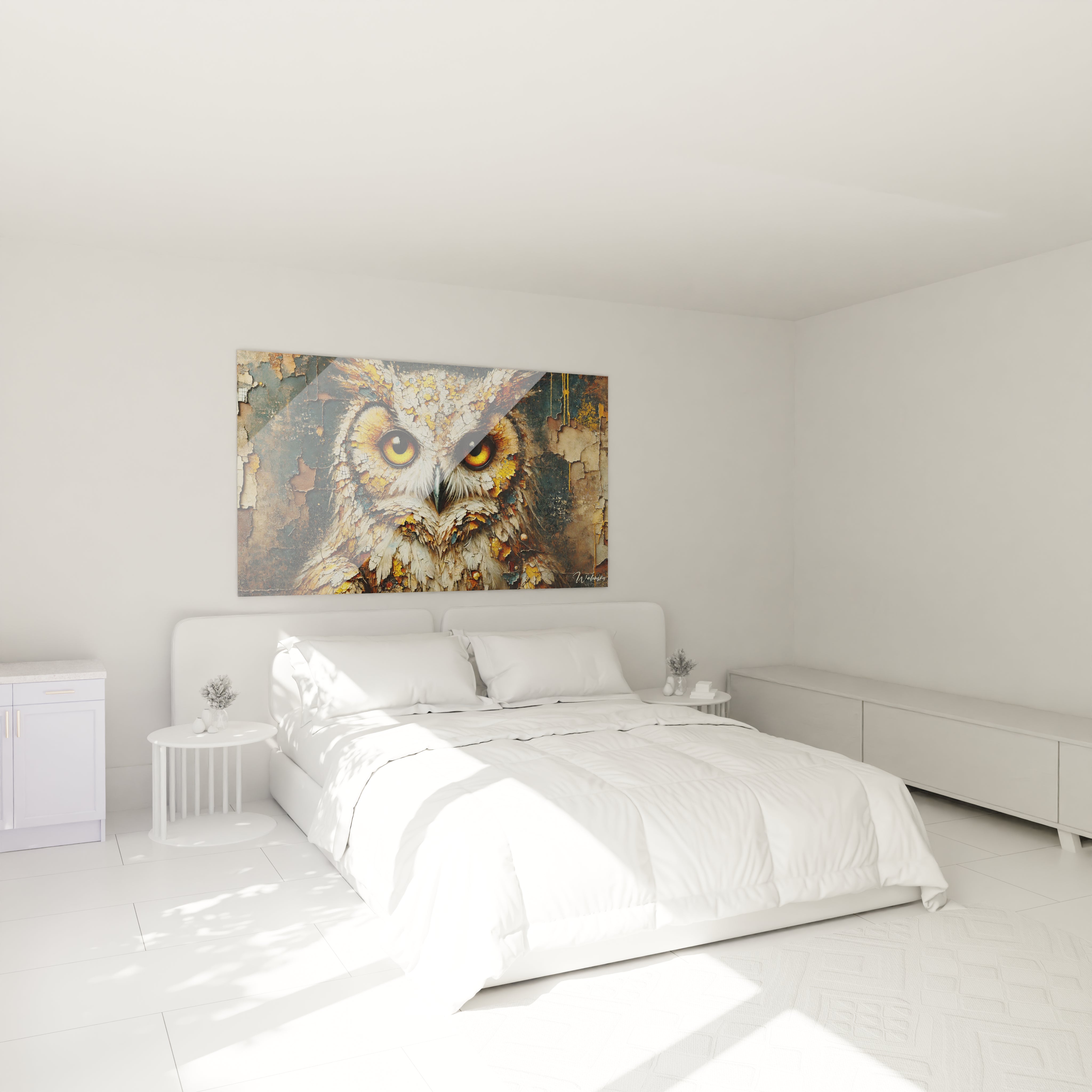 Tableau hibou au-dessus du lit dans une chambre : une touche de mystere et de nature avec ce tableau captivant, parfait pour ajouter de la chaleur et du caractere a votre espace.

