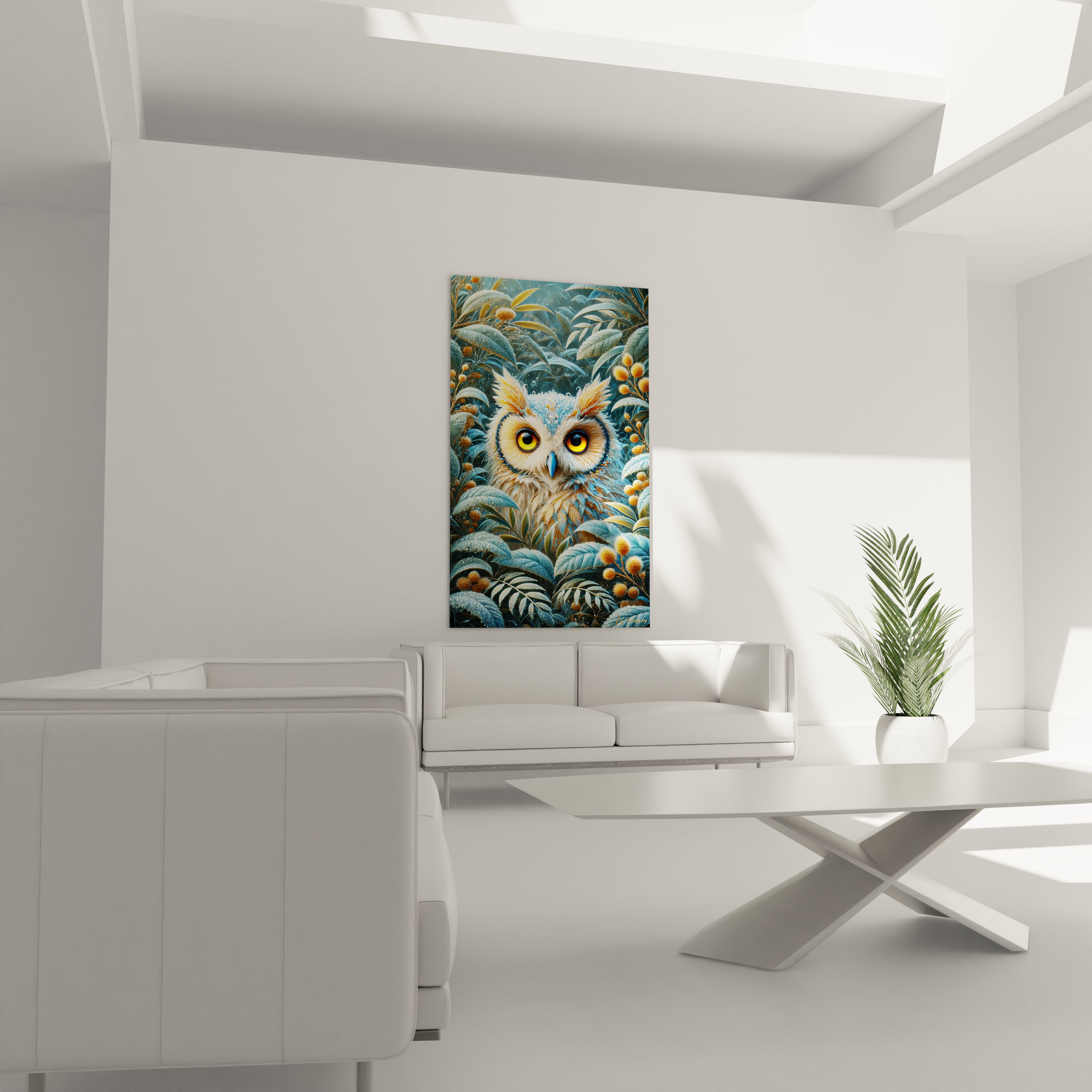 Ce tableau hibou est accroché dans un salon au-dessus du canapé, apportant une touche de sérénité et de nature luxuriante. Les yeux perçants du hibou attirent l'attention et ajoutent du caractère à la pièce.

