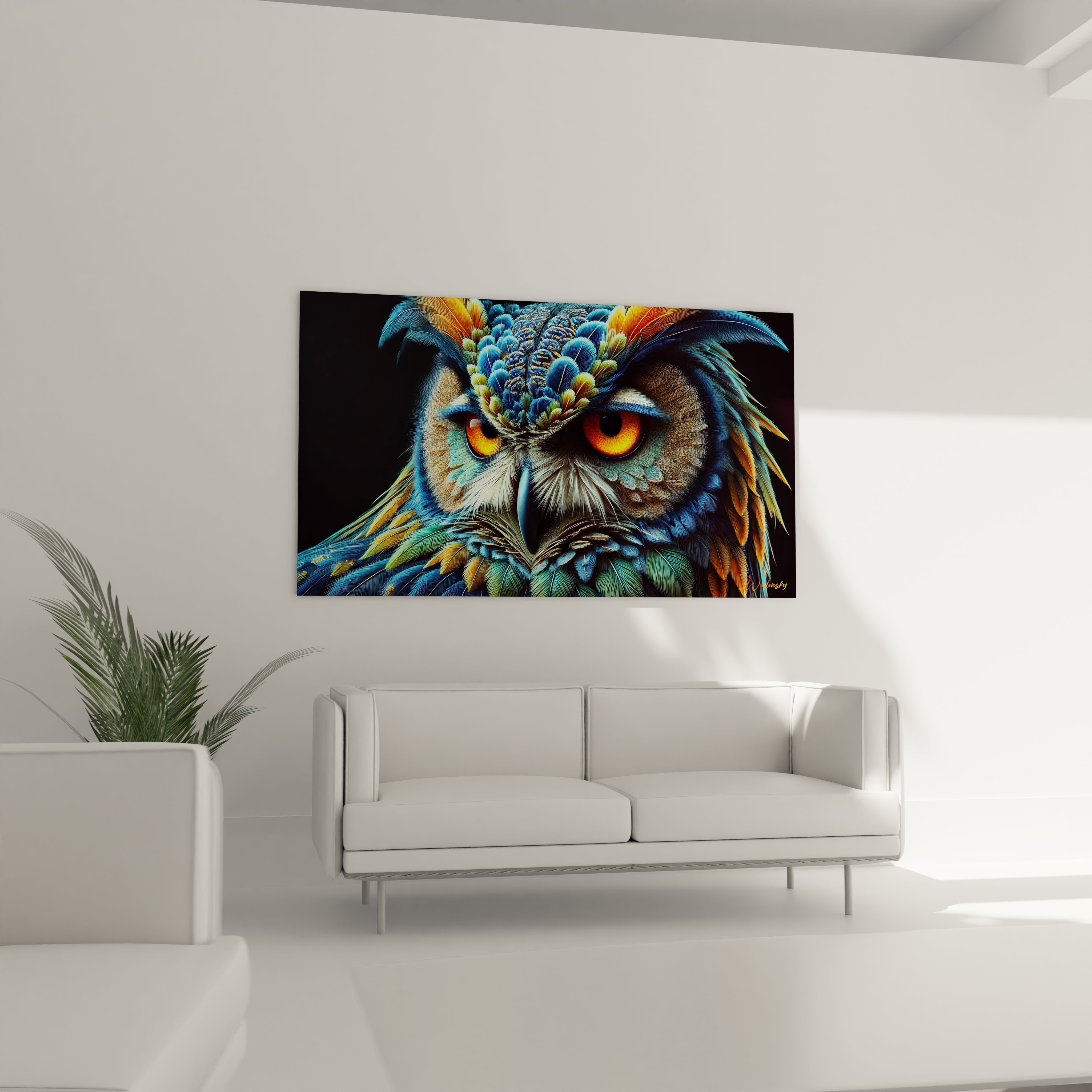 tableau hibou au-dessus d'un canape : ce tableau hibou est le point central ideal pour un salon, apportant un contraste vibrant et une atmosphere apaisante avec ses nuances de bleu et d'orange
