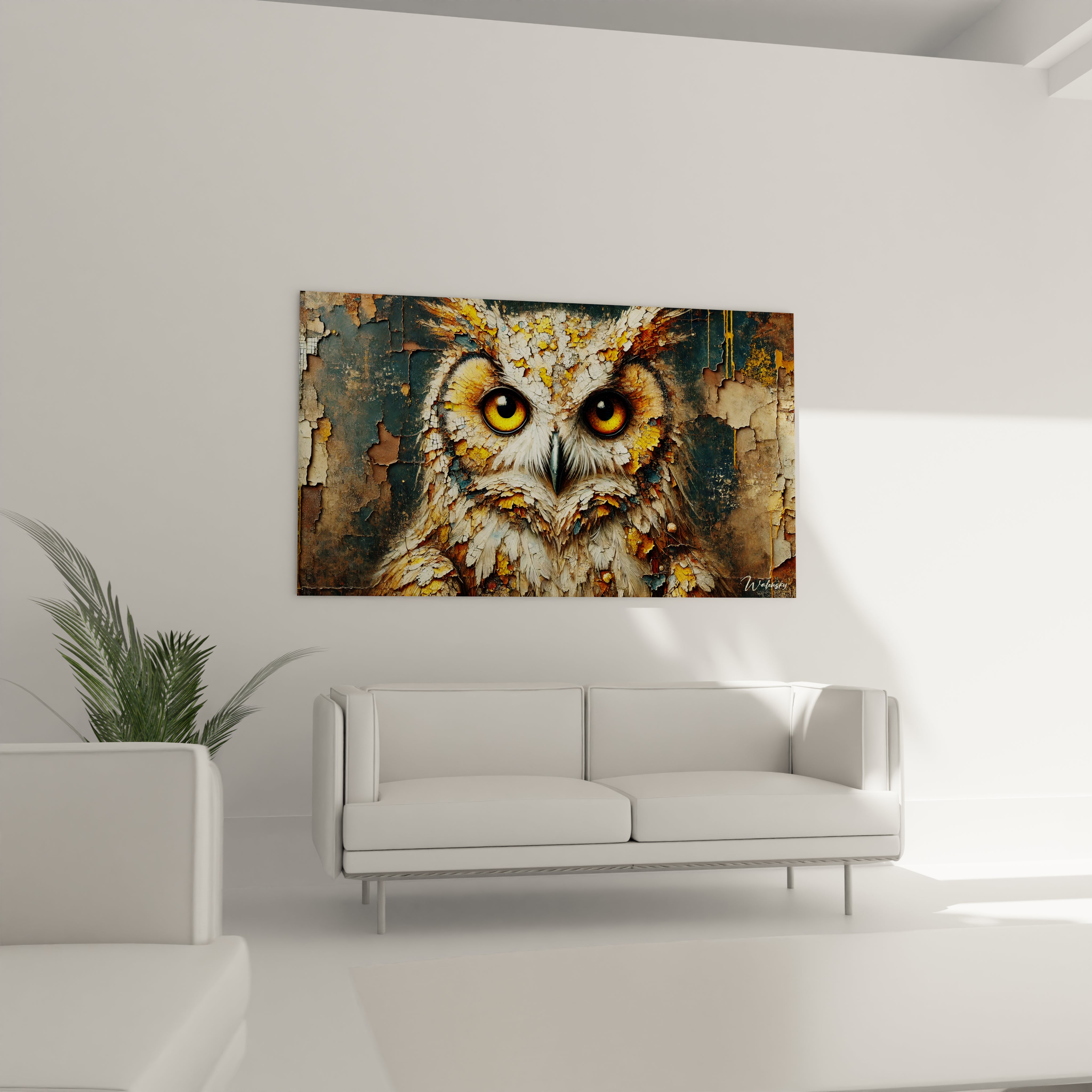 Sublime tableau hibou accroche dans un salon : un regard captivant et des couleurs terreuses qui s'harmonisent a merveille pour creer une ambiance chaleureuse et naturelle.

