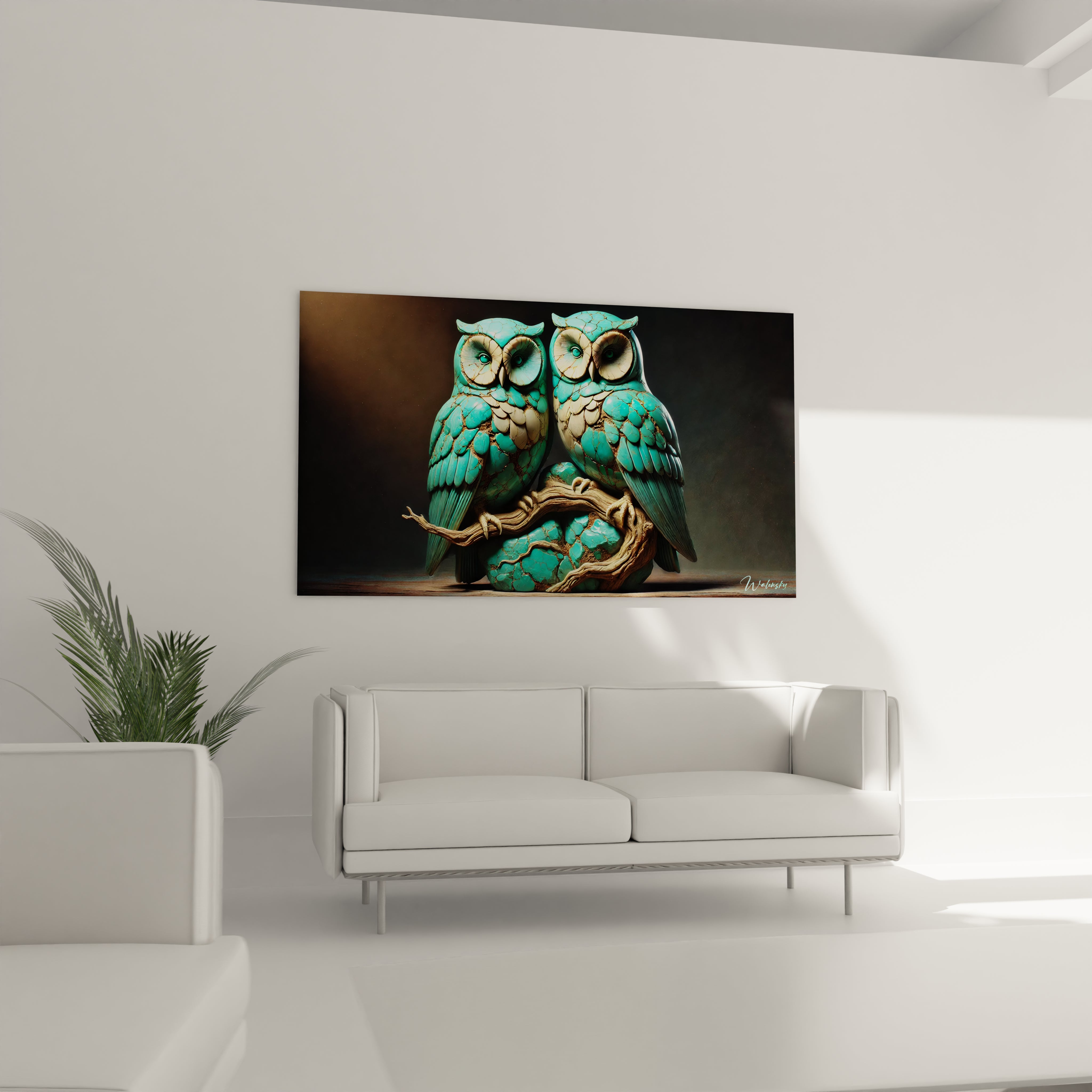 Ce tableau hibou, accroche dans le salon au dessus du canape, apporte une touche de nature avec ses hiboux sculptees. Ideal pour un decor eclectique et une ambiance conviviale.

