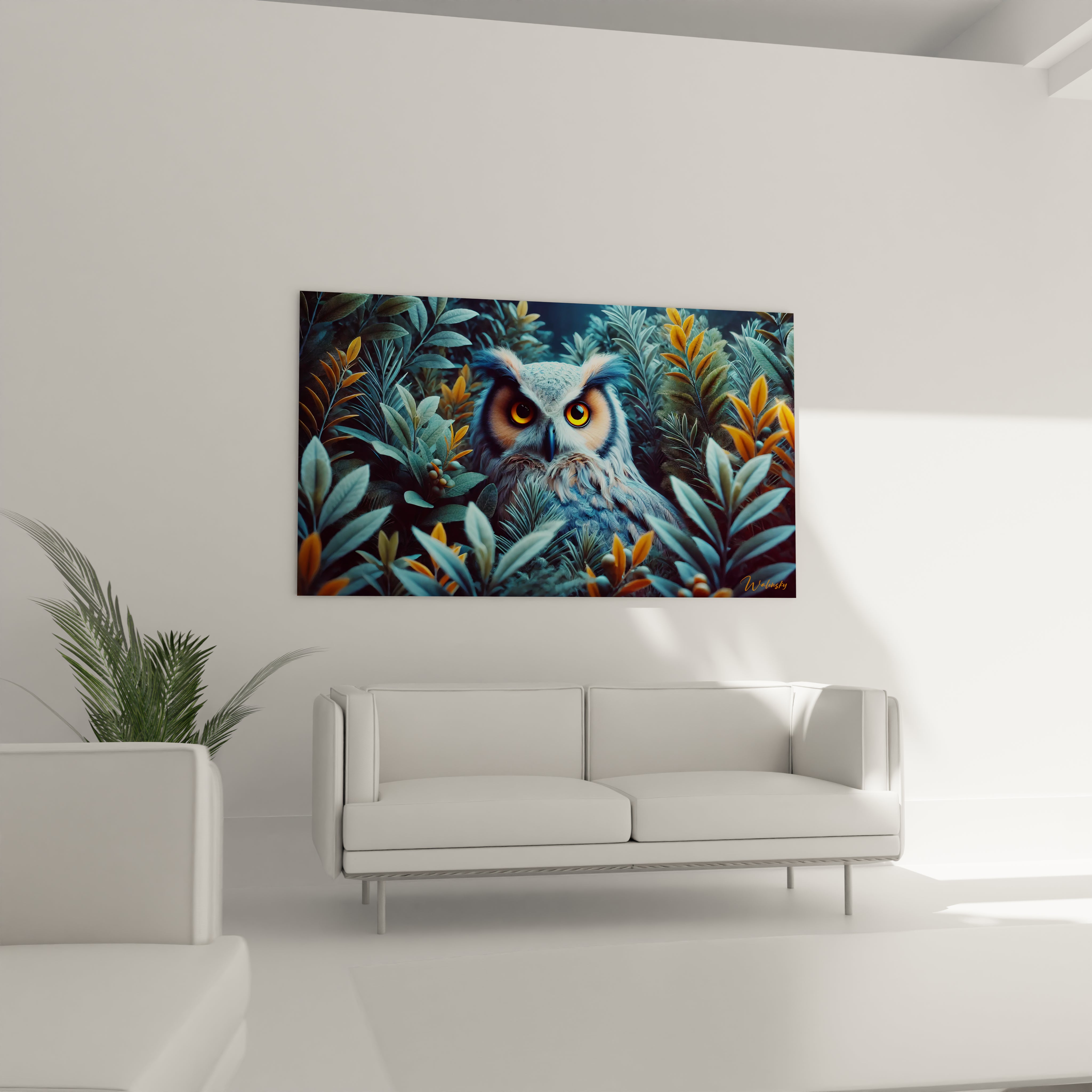 Tableau hibou installé au-dessus du canapé dans un salon. Les teintes bleues et vertes apportent une sensation de calme, tandis que le hibou veille majestueusement, captivant les regards avec ses yeux perçants.

