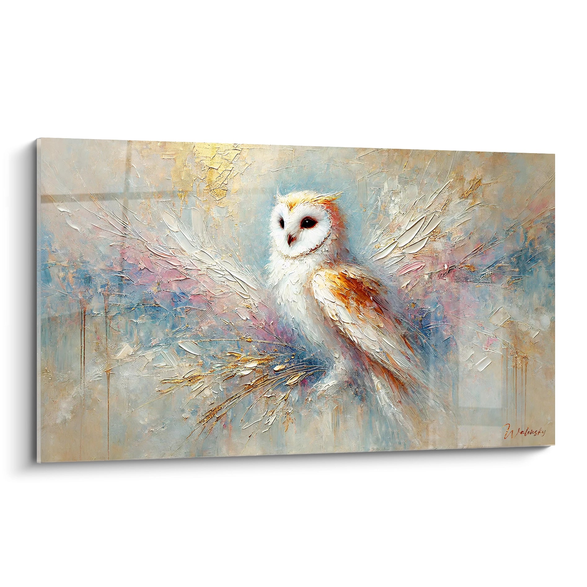 Tableau hibou representant un hibou majestueux avec des touches dorees et des nuances douces. Parfait pour ajouter une note d elegance a votre decoration.
