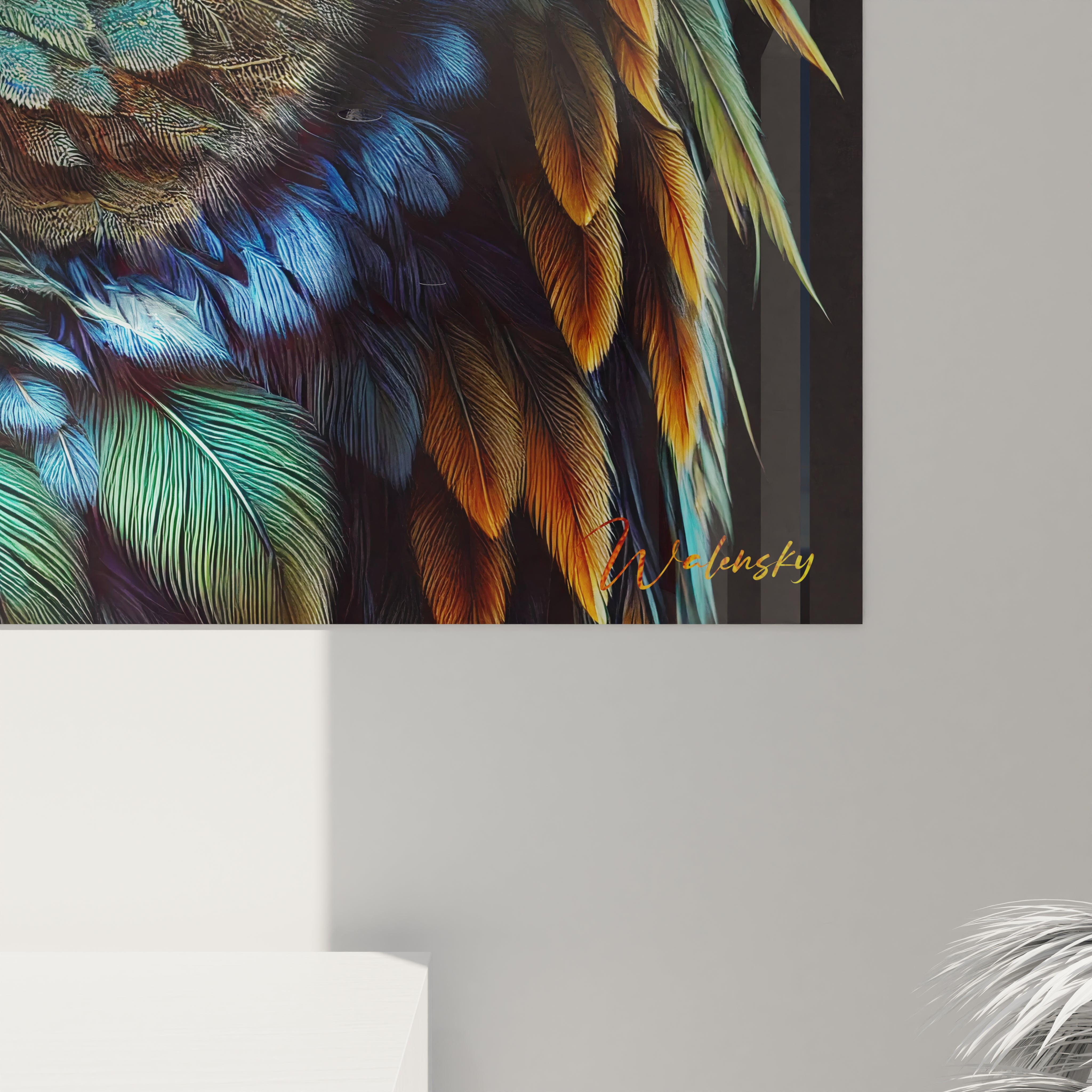 gros plan tableau hibou : detail des plumes et du regard perçant du tableau hibou, la precision artistique et les couleurs vives ajoutent une dimension realiste et captivante a toute piece





