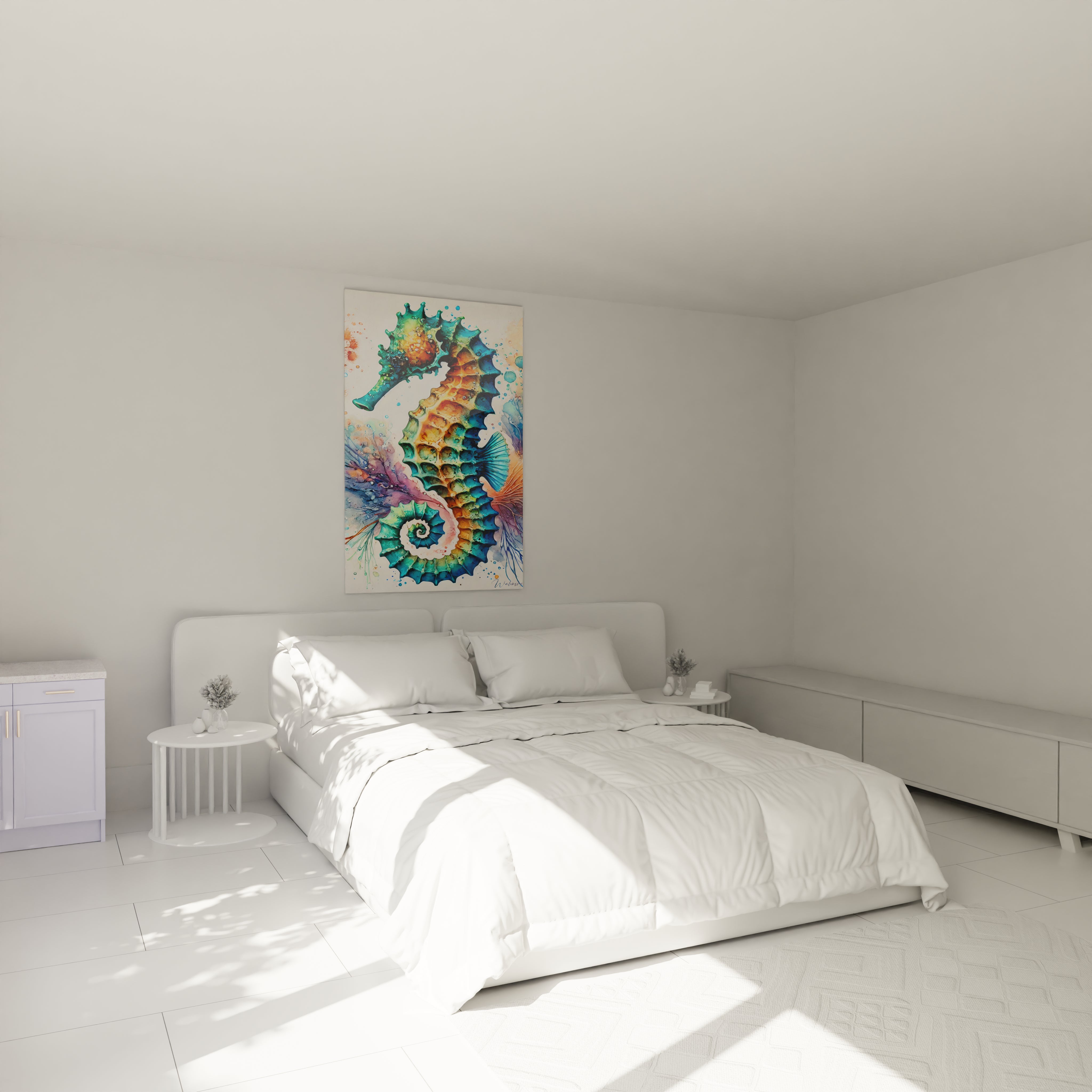 Tableau hippocampe accroche au mur dans une chambre au dessus du lit, apportant une touche marine relaxante et une harmonie parfaite grace a ses couleurs vives et equilibrees.