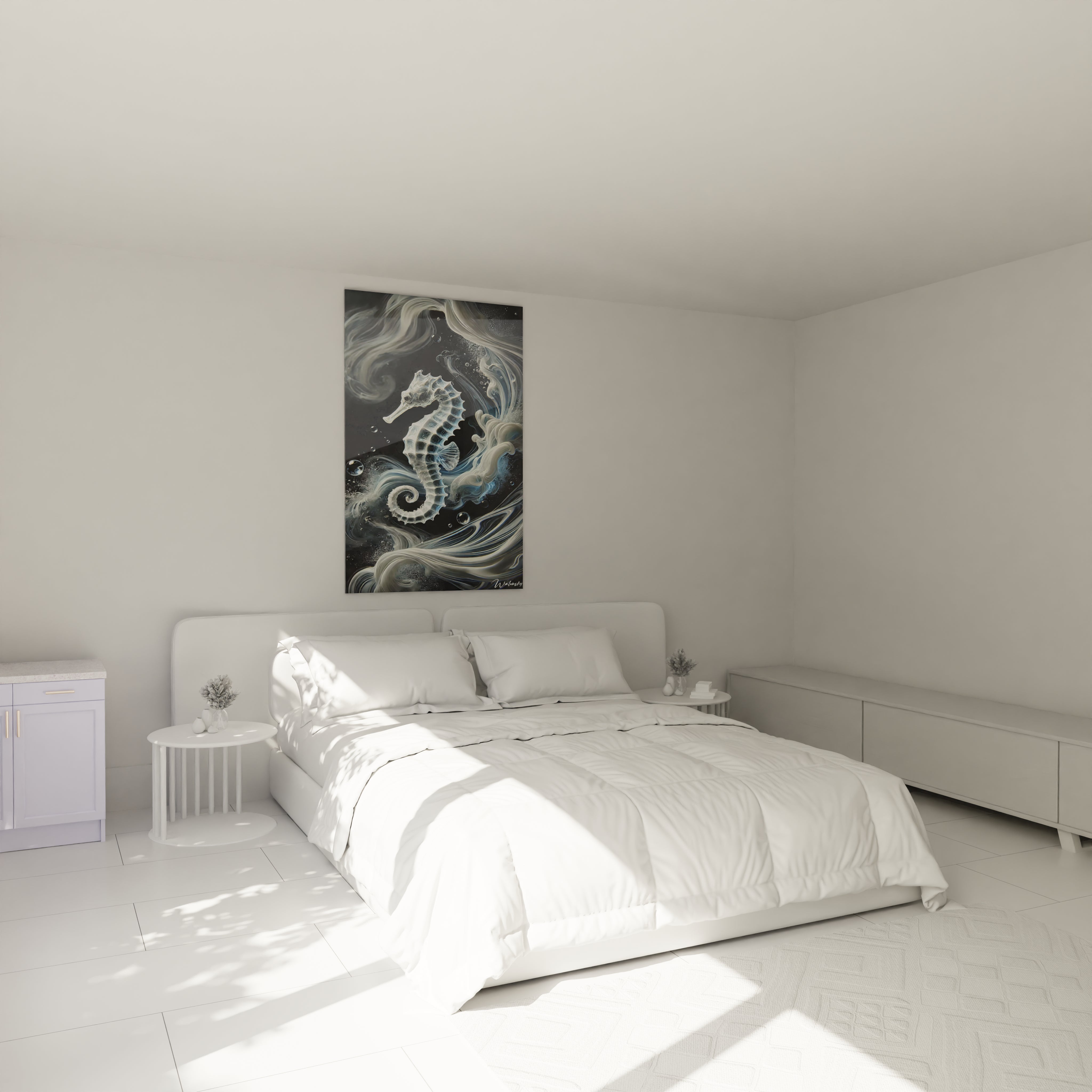 Tableau hippocampe accroché au-dessus d'un lit dans une chambre. Apportez une touche de mystère et de sérénité marine à votre espace avec ce tableau monochrome apaisant.
