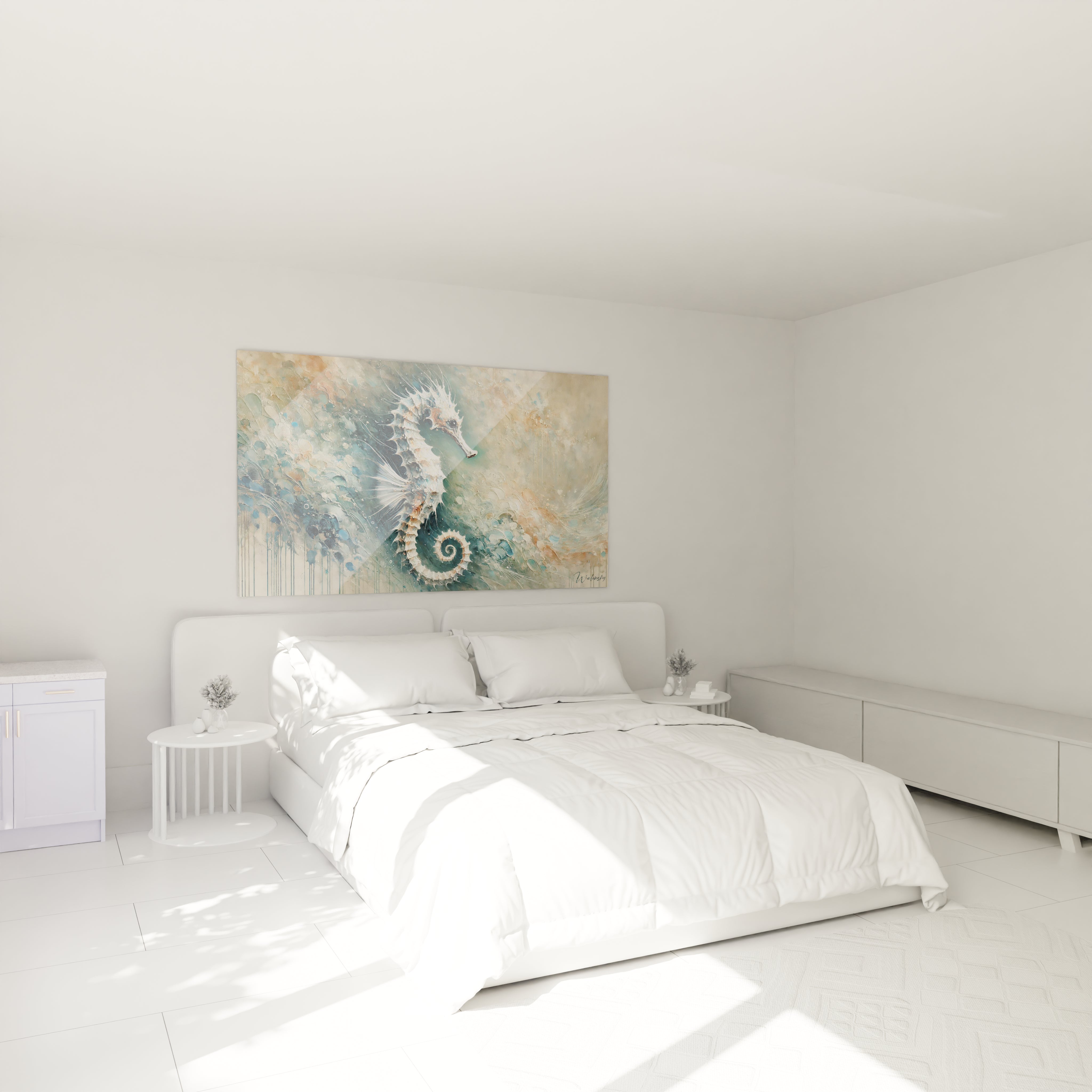 Le tableau hippocampe au dessus du lit cree une ambiance serene avec ses tons de beige et bleu. Parfait pour une chambre qui invite a l'evasion vers les profondeurs marines.

